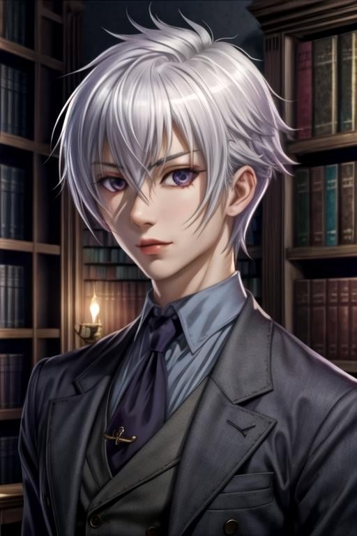 masterpiece, best quality, illustration, 1boy, solo, male focus, looking at viewer, upper body, , , realistic, <lora:tsukasa_mikogami:0.68>, tsukasa_mikogami, grey hair, , hair between eyes, dracula costume, haunted library,