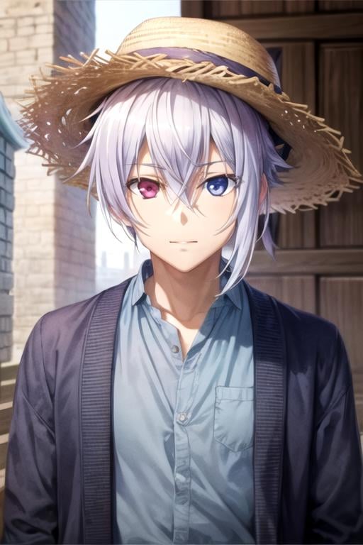 masterpiece, best quality, , 1boy, solo, male focus, looking at viewer, upper body, depth of field, ligne claire, realistic, <lora:tsukasa_mikogami:0.78>, tsukasa_mikogami, grey hair, purple eyes, heterochromia, blue eyes, hair between eyes, cardigan, straw hat, The Castle of Shadows,