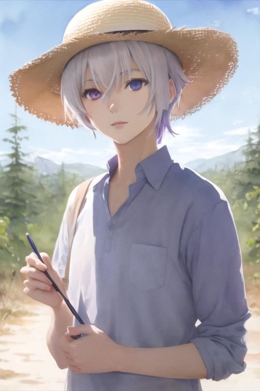 masterpiece, best quality, photorealistic, 1boy, solo, male focus, looking at viewer, , depth of field, (watercolor illustration, soft pastel colors:1.1), , <lora:tsukasa_mikogami:0.80>, tsukasa_mikogami, grey hair, purple eyes, heterochromia, blue eyes, , , straw hat, nightclub,