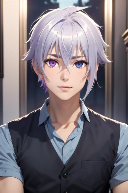 masterpiece, best quality, movie still, 1boy, solo, male focus, looking at viewer, , depth of field, ligne claire, , <lora:tsukasa_mikogami:0.76>, tsukasa_mikogami, grey hair, purple eyes, heterochromia, blue eyes, hair between eyes, , homburg, ,