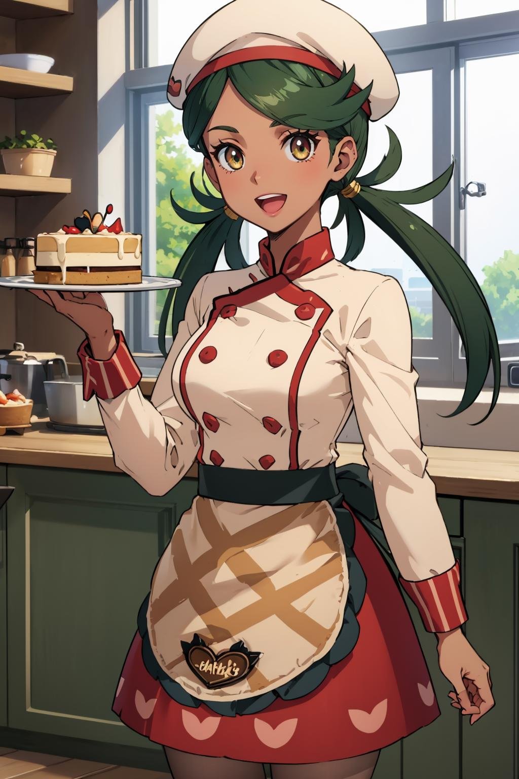 masterpiece, best quality, <lora:mallow-nvwls-v1-000008:0.9> palmallow, beret, chef's uniform, white shirt, long sleeves, apron, red skirt, cowboy shot, looking at viewer, :D, kitchen, cake, pie, dark skin