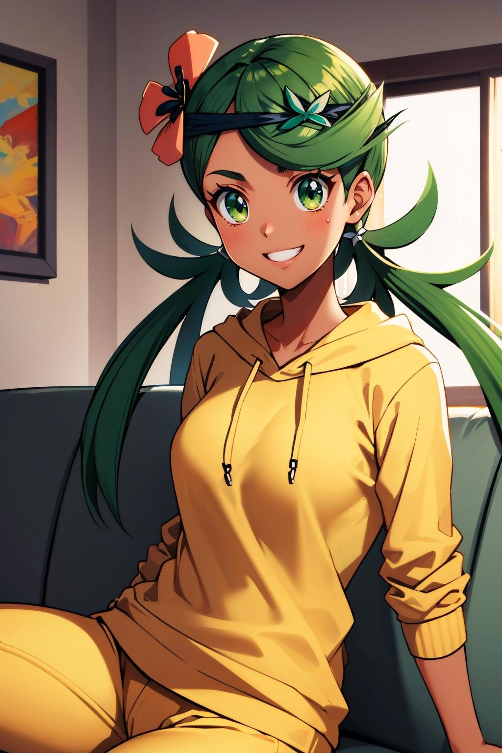 masterpiece, best quality, <lora:mallow-nvwls-v1-000008:1> defmallow, green hair, hair flower, hair ornament, yellow hoodie, sweatpants, sitting, couch, looking at viewer, grin, dark skin