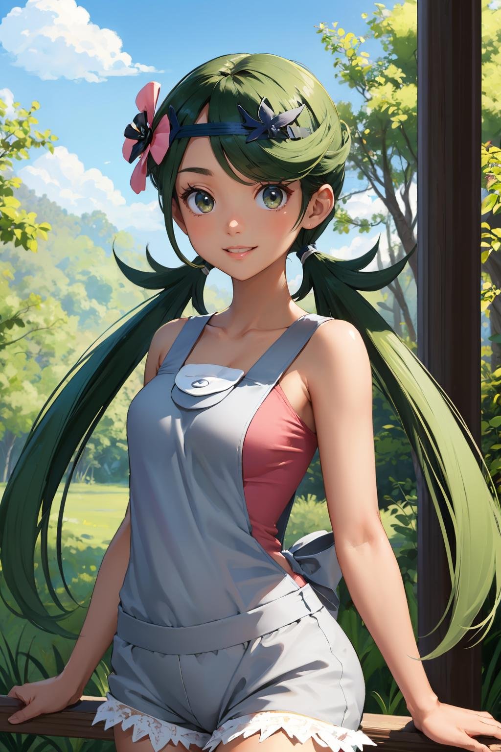 masterpiece, best quality, <lora:mallow-nvwls-v1-000008:0.9> defmallow, twintails, hair flower, hair ornament, grey overalls, pink shirt, sleeveless, grey shorts, upper body, looking at viewer, smile, forest, blue sky, tall grass, cowboy shot, dark skin