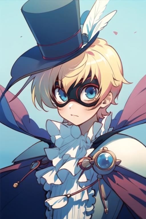 masterpiece, best quality, game cg, 1boy, solo, male focus, looking at viewer, , depth of field, , , <lora:prince_akatsuki_choujin_koukousei-tachi:0.80>, prince_akatsuki_choujin_koukousei-tachi, blonde hair, blue eyes, top hat, mask, cape, , , science fiction cyberpunk, HD