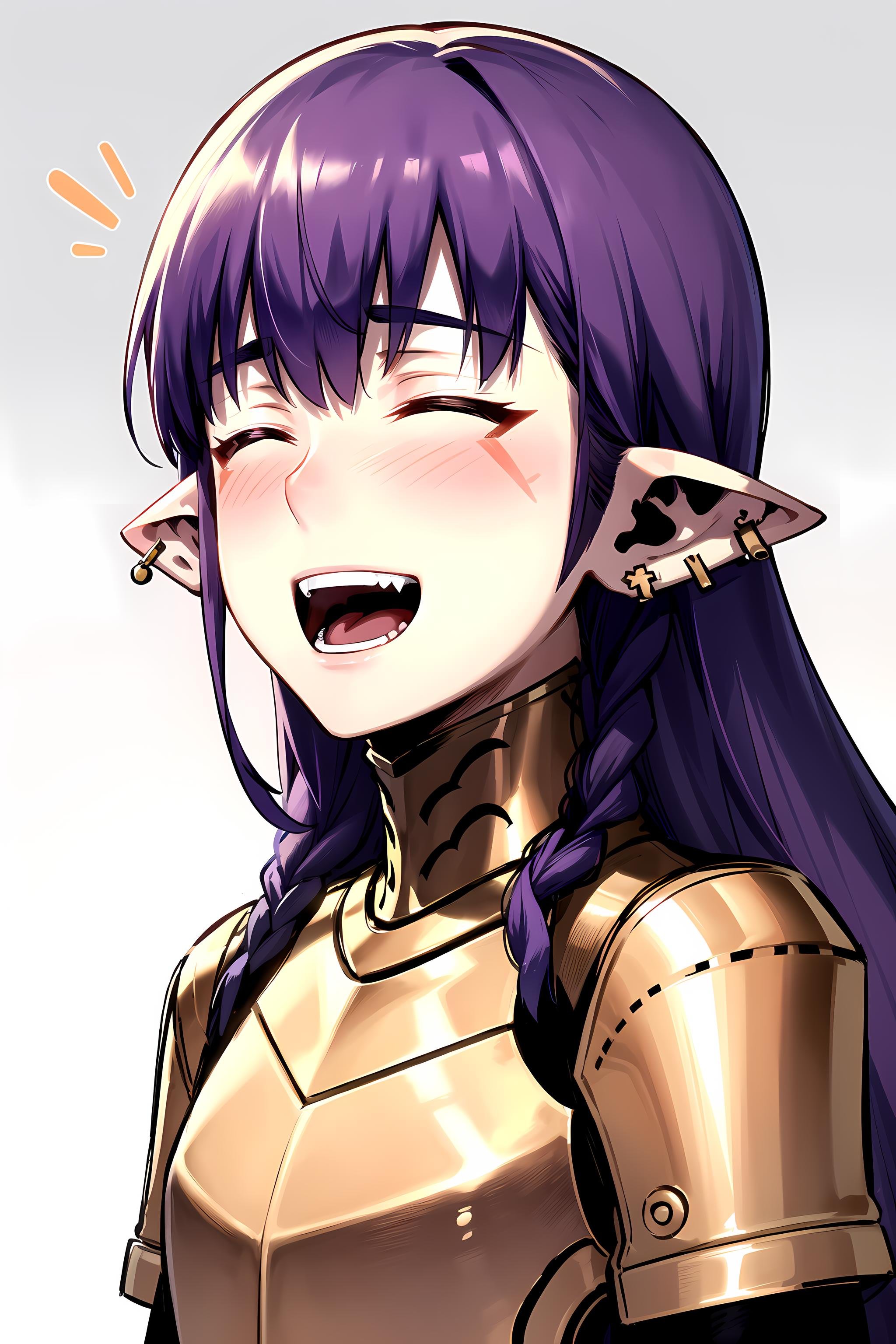 best quality, (masterpiece:1.2), detailed, <lora:chara_SoloLeveling_EsilRadiru:0.7>, esil radiru,solo, open mouth, smile, light blush,purple hair, long hair, braid, closed eyes, pointy ears, facial mark, earrings,red amor, gold trim, pauldrons,standing, looking at the viewer, portrait