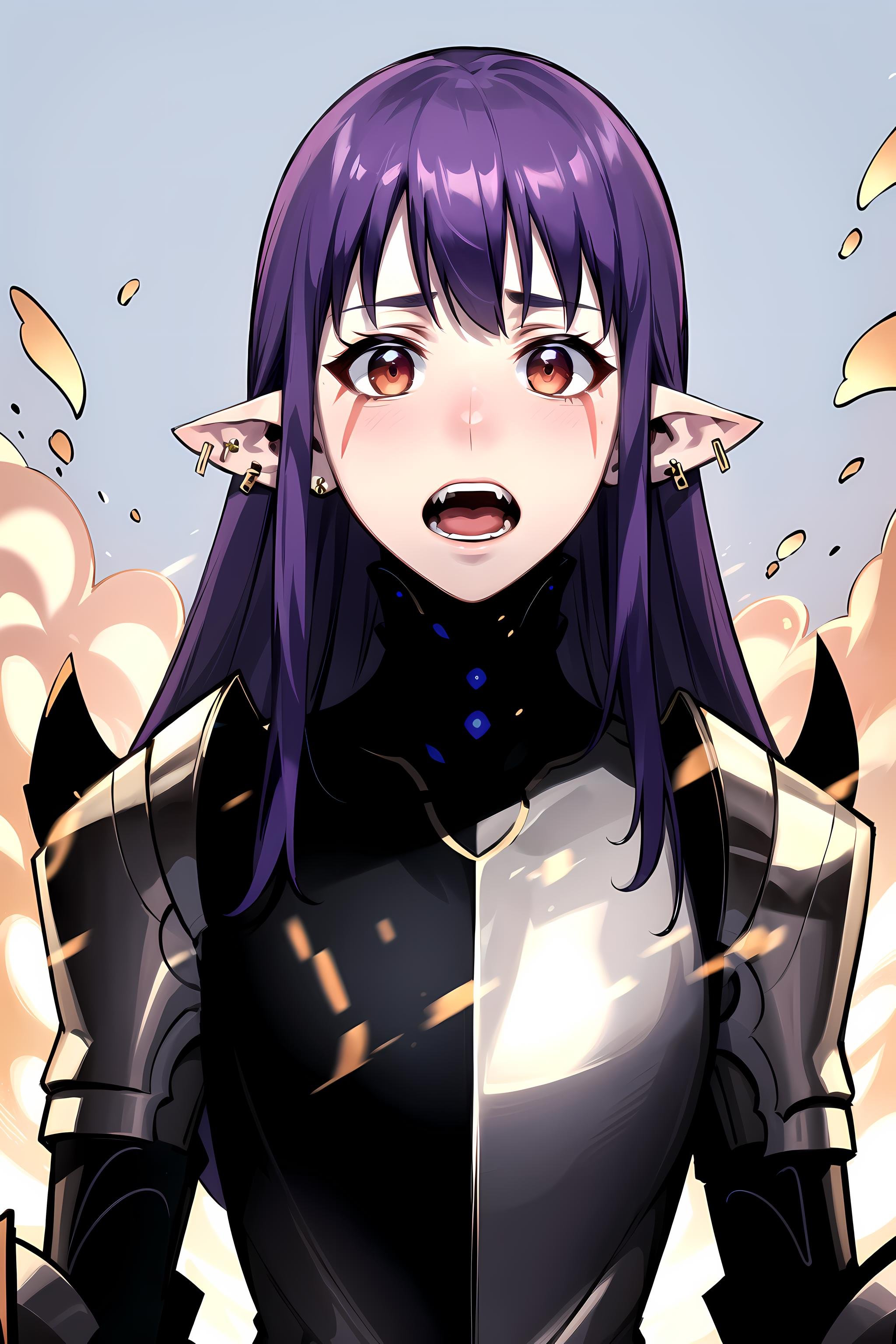 best quality, (masterpiece:1.2), detailed, <lora:chara_SoloLeveling_EsilRadiru:0.7>, esil radiru,solo, open mouth, surprised,purple hair, long hair, red eyes, pointy ears, facial mark, earrings,black armor, grey armor, gauntlets, standing, looking at the viewer, portrait,fire