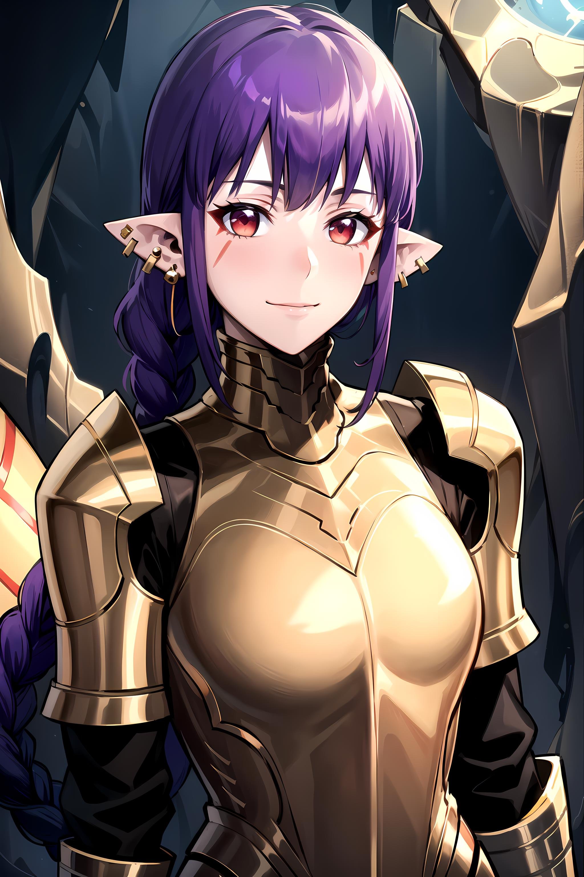 best quality, (masterpiece:1.2), detailed, <lora:chara_SoloLeveling_EsilRadiru:0.7>, esil radiru,solo, closed mouth, light smile, purple hair, long hair, braid, red eyes, pointy ears, facial mark, earrings,red amor, gold trim, pauldrons,standing, looking at the viewer, upper body,cave