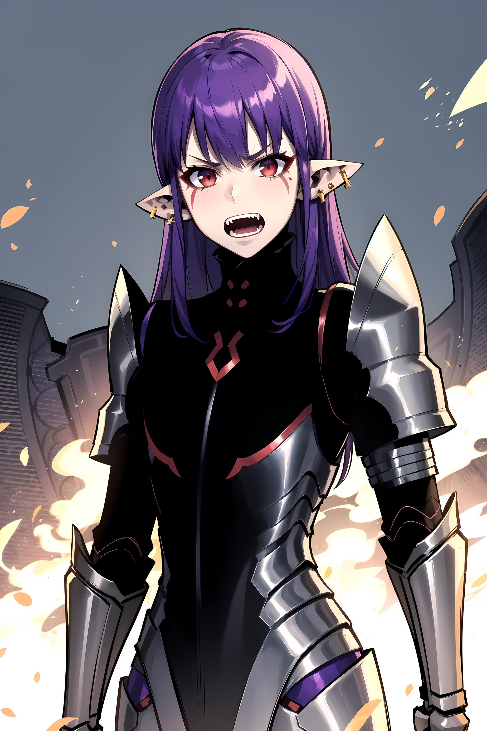 best quality, (masterpiece:1.2), detailed, <lora:chara_SoloLeveling_EsilRadiru:0.7>, esil radiru,solo, angry, fangs,purple hair, long hair, red eyes, pointy ears, facial mark, earrings,black armor, grey armor, gauntlets, standing, looking at the viewer, upper body,fire, hell