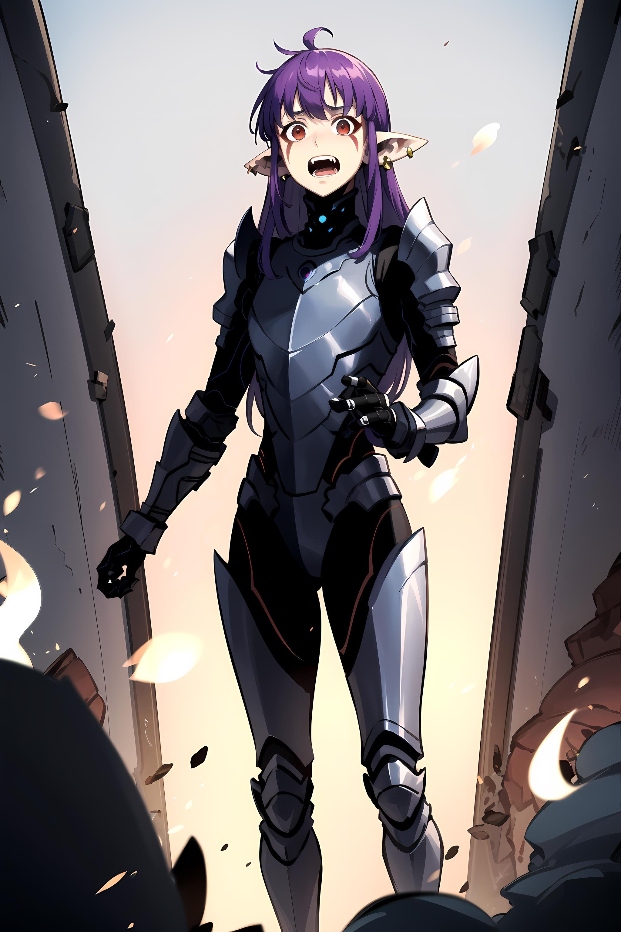 best quality, (masterpiece:1.2), detailed, <lora:chara_SoloLeveling_EsilRadiru:0.7>, esil radiru,solo, open mouth, surprised,purple hair, long hair, red eyes, pointy ears, facial mark, earrings,black armor, grey armor, gauntlets, standing, looking at the viewer,fire, hell