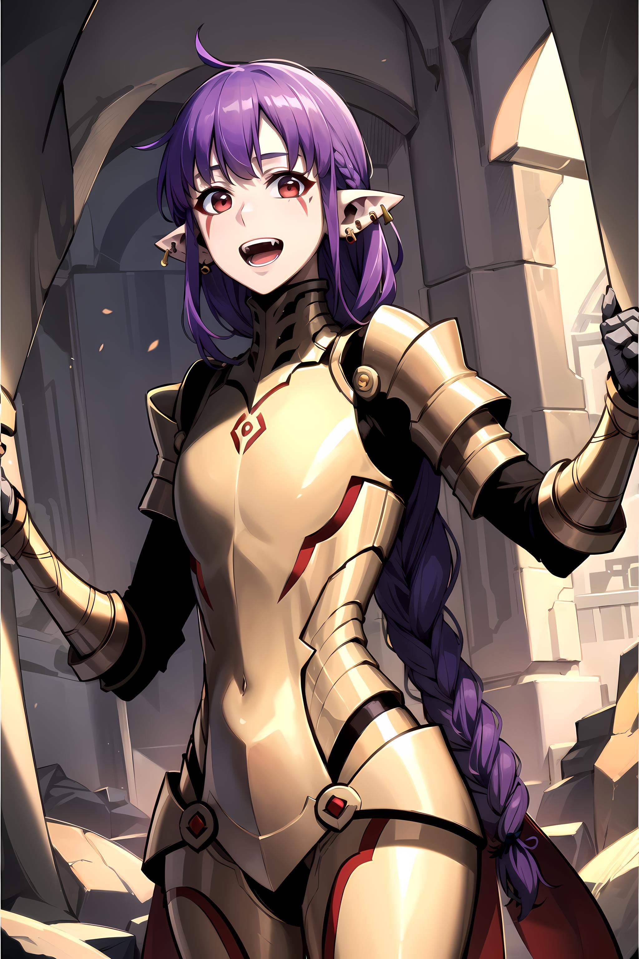 best quality, (masterpiece:1.2), detailed, <lora:chara_SoloLeveling_EsilRadiru:0.7>, esil radiru,solo, open mouth, light smile,purple hair, long hair, braid, red eyes, pointy ears, facial mark, earrings,red amor, gold trim, pauldrons,standing, looking at the viewer,cave