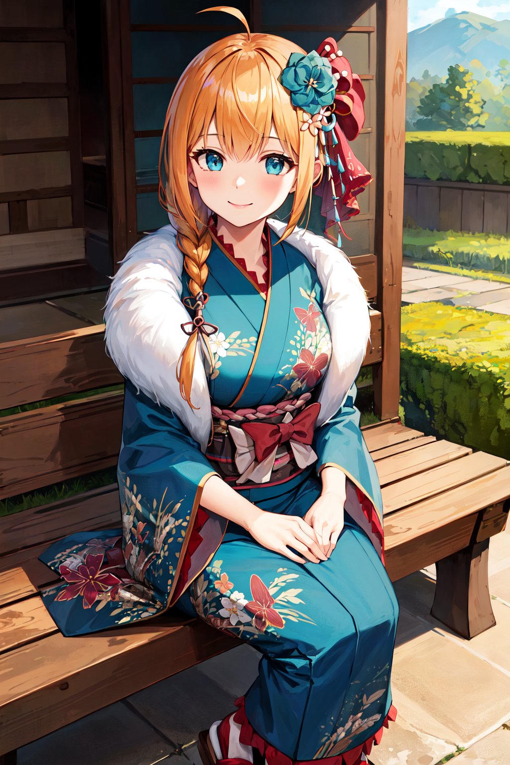 masterpiece, best quality, highres, bbpeco, ahoge, single braid, hair over shoulder, hair ornament, hair flower, blue flower, fur trim, japanese clothes, blue kimono, print kimono, wide sleeves, obi, <lora:pecorine_v1:0.7>, sitting, outdoors, bench, smile