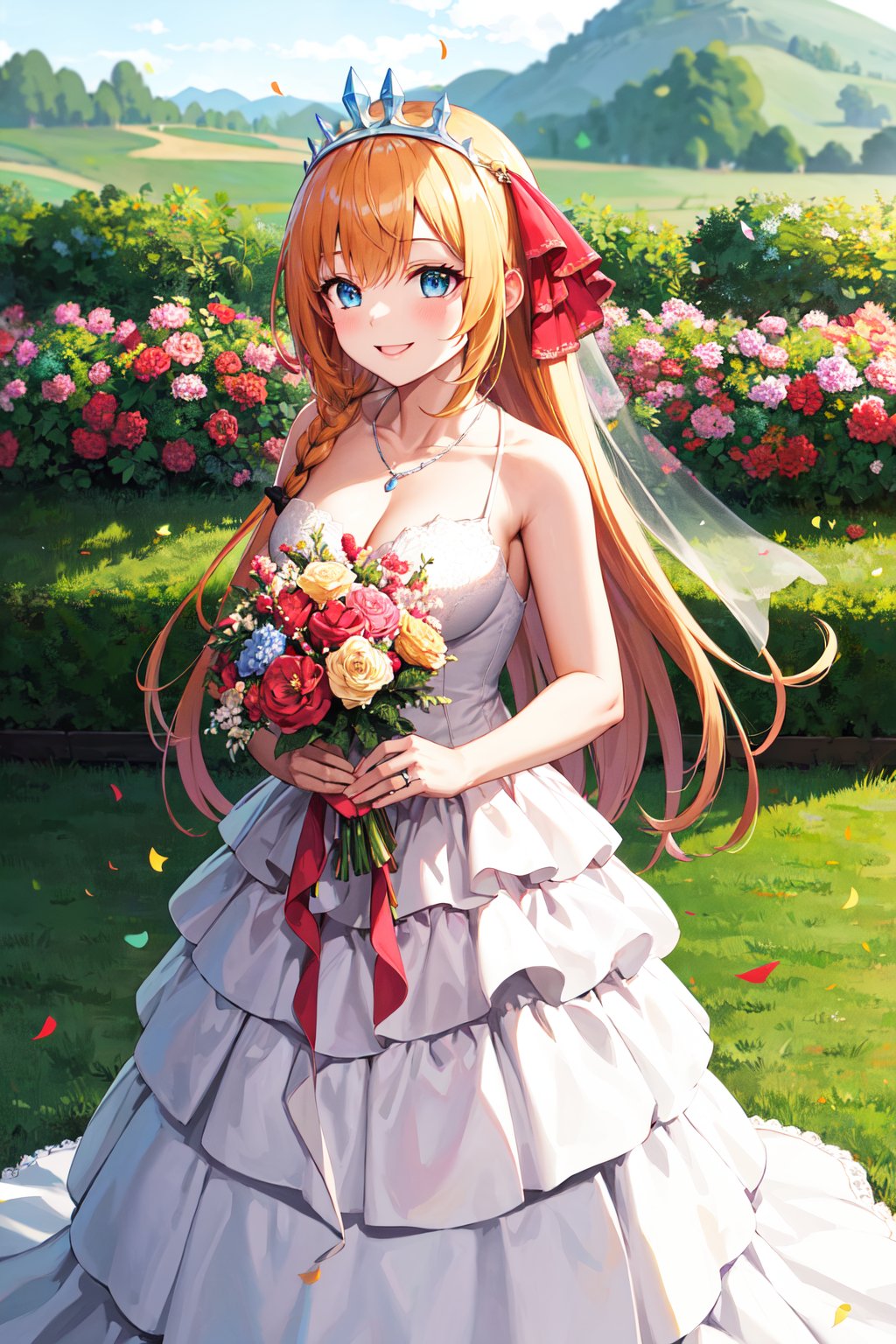 masterpiece, best quality, highres, aapeco, very long hair, ahoge, braid, tiara, hair ribbon, <lora:pecorine_v1:0.7>, wedding dress, white dress, garden, standing, smile, confetti, necklace, holding bouquet, 