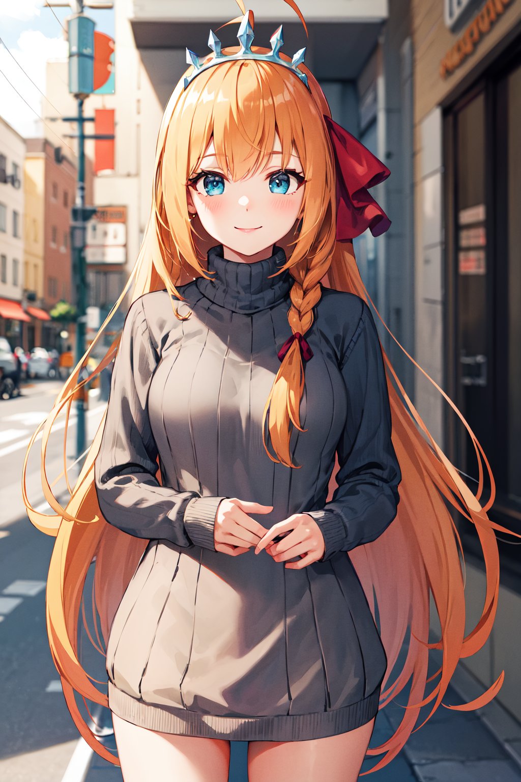 masterpiece, best quality, highres, aapeco, very long hair, ahoge, braid, tiara, hair ribbon, <lora:pecorine_v1:0.7>, sweater dress, turtleneck, street, smile,