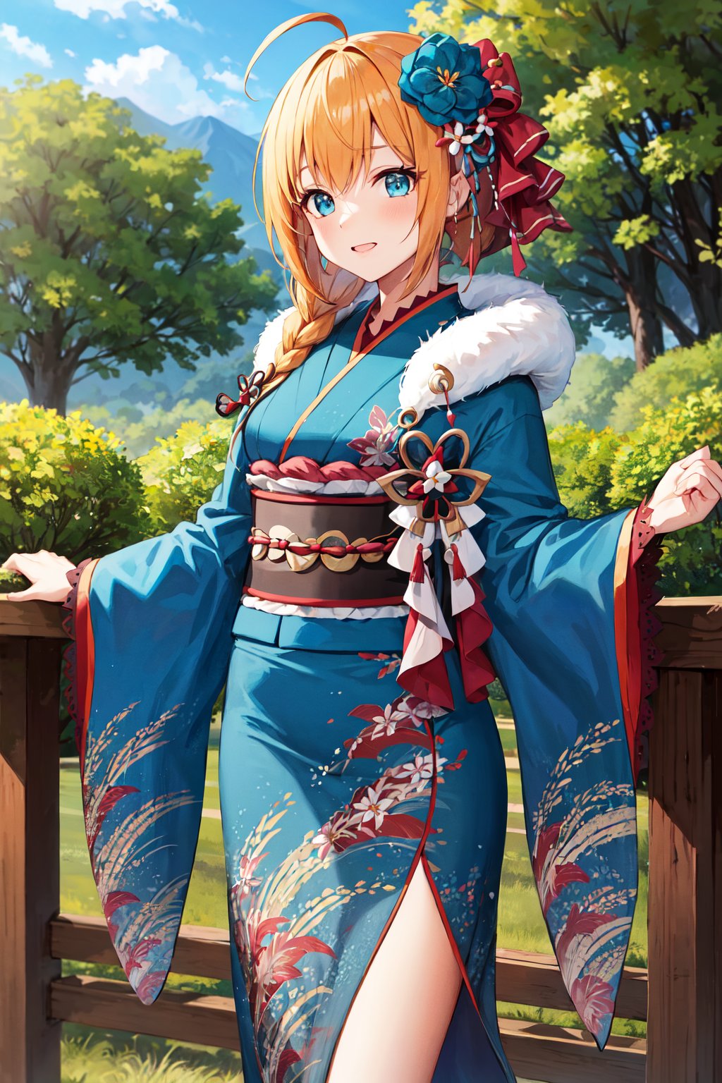 masterpiece, best quality, highres, bbpeco, ahoge, single braid, hair over shoulder, hair ornament, hair flower, blue flower, fur trim, japanese clothes, blue kimono, print kimono, wide sleeves, obi, <lora:pecorine_v1:0.7>, standing, cowboy shot, outdoors,