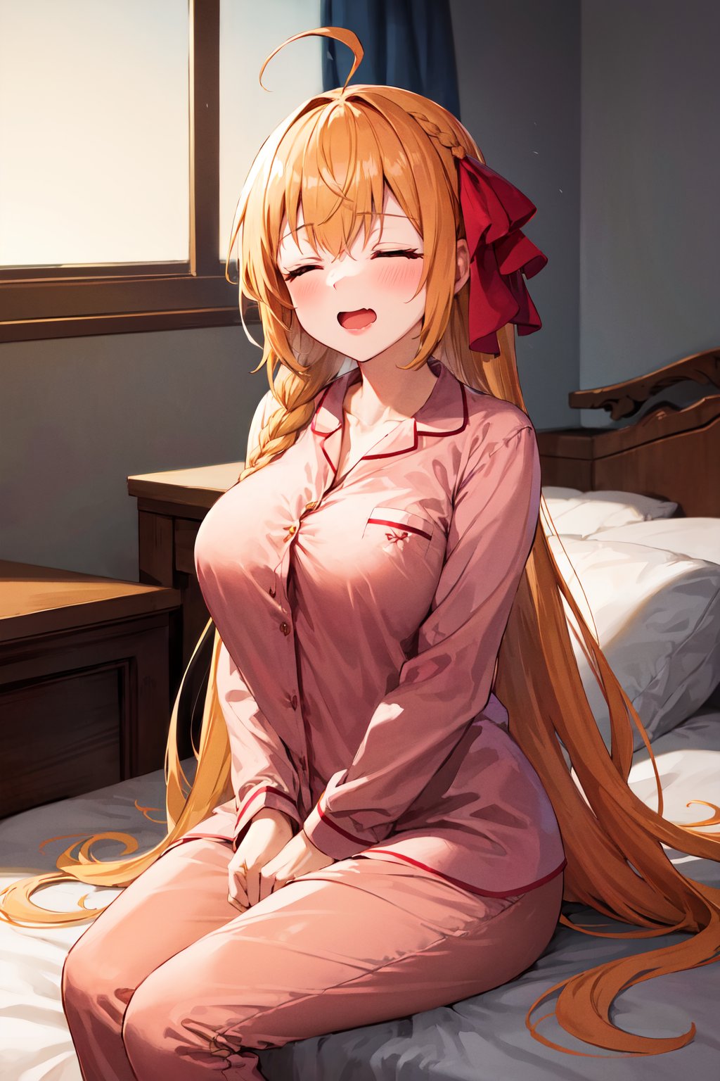 masterpiece, best quality, highres, aapeco, very long hair, ahoge, braid, hair ribbon, <lora:pecorine_v1:0.7>, large breasts, pajama, indoors, closed eyes, wavy mouth, open mouth, sitting, bed