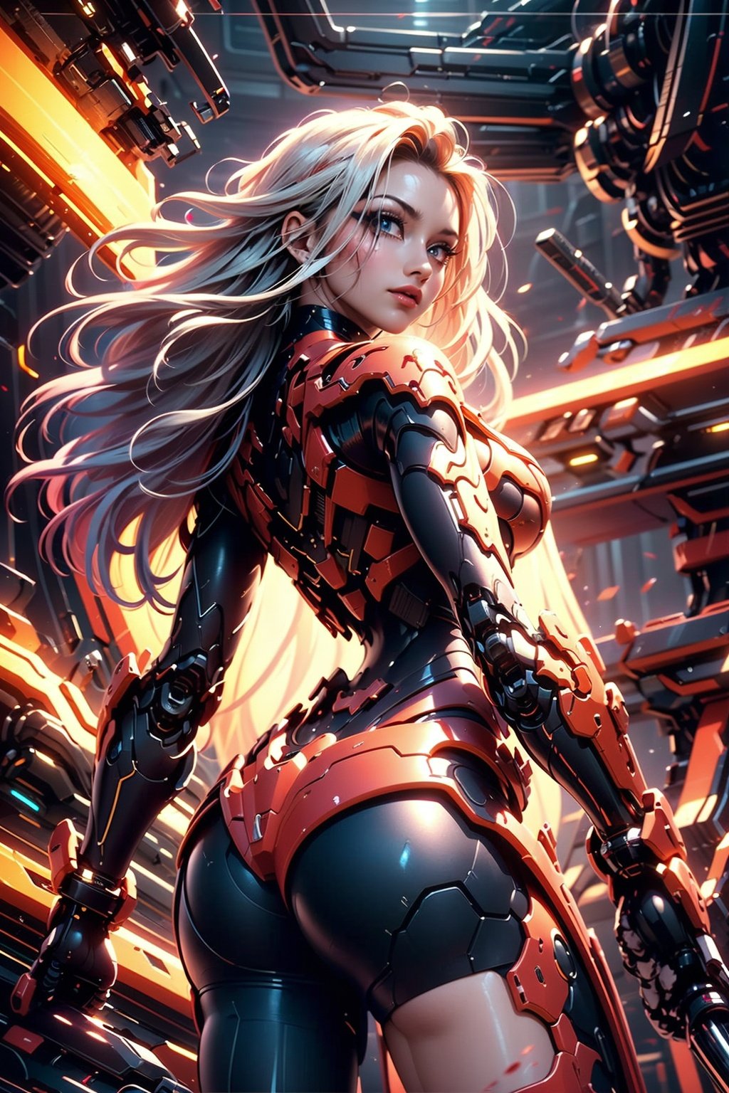 1girl, parted lips, hair blowing in wind, open hand, machinery, Mecha, science fiction, machinery armor, Metallic luster, electroplated, clothes sign, Mars, spaceship, floating cannon, hexagon, (from below:1.2), glow, backlighting, (background blur:1.2), cinematic lighting, Low illumination, VHS-style, (masterpiece:1.3), (best quality:1.1), intricate detailed, (Hyperrealistic:1.1), (realistic details:1.1), highly detailed, (the text on the cover should be bold and attention-grabbing, with the title of the magazine and a catchy headline:1.4), , ,Super perspective