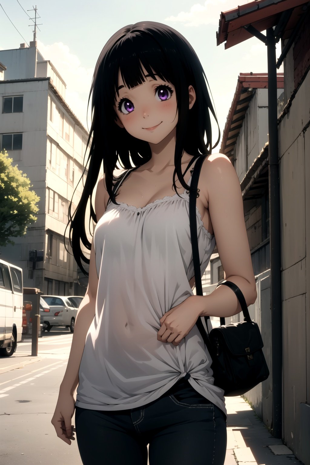 masterpiece,best quality,extremely detailed 8K wallpaper,1girl,purple eyes,Chitanda Eru,looking at viewer,standing,outdoors,closed mouth,close-up,smile,casual,