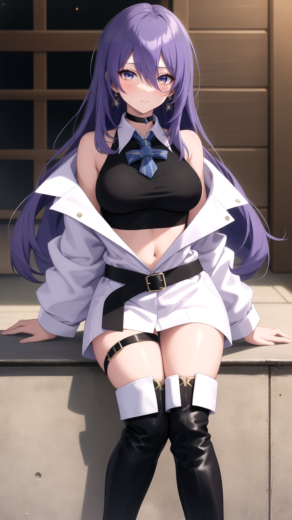 masterpiece, best quality, MoonaHoshinova, 1girl, purple hair, long hair, bangs, hair between eyes, multicolored hair, colored inner hair, purple eyes, yellow eyes, earrings, large breasts, collared shirt, bowtie, crop top, black shirt, sleeveless shirt, choker, white jacket, open clothes, off shoulder, midriff, black belt, thigh boots, <lora:MoonaHoshinovav1:1>