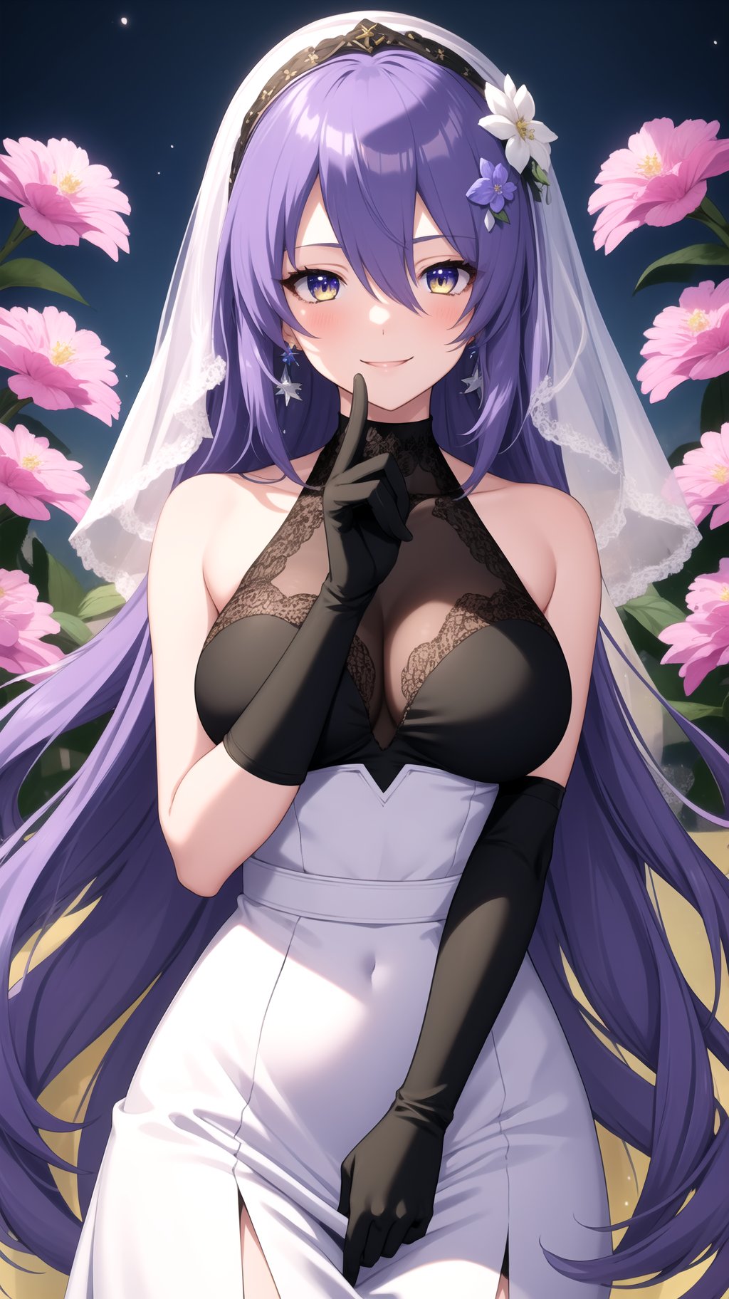 masterpiece, best quality, MoonaHoshinova, 1girl, purple hair, long hair, bangs, hair between eyes, multicolored hair, colored inner hair, purple eyes, yellow eyes, earrings, large breasts, white dress, hair flower, flower, elbow gloves, black gloves, veil, sleeveless, smile,  <lora:MoonaHoshinovav1:1>