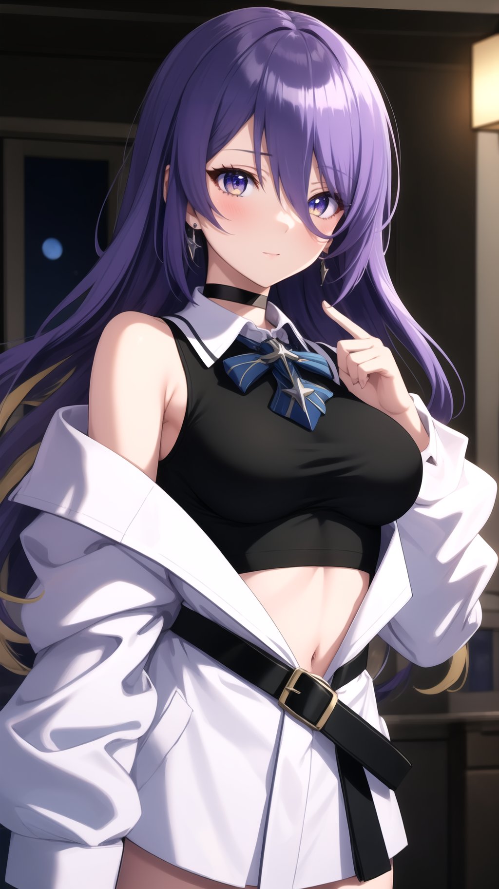 masterpiece, best quality, MoonaHoshinova, 1girl, purple hair, long hair, bangs, hair between eyes, multicolored hair, colored inner hair, purple eyes, yellow eyes, earrings, large breasts, collared shirt, bowtie, crop top, black shirt, sleeveless shirt,  choker, white jacket, open jacket, off shoulder, midriff, black belt, <lora:MoonaHoshinovav1:1>