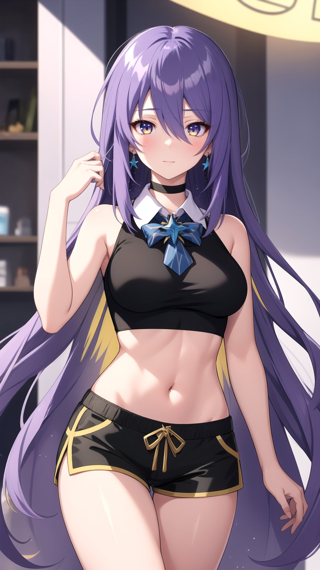 masterpiece, best quality, MoonaHoshinova, 1girl, purple hair, long hair, bangs, hair between eyes, multicolored hair, colored inner hair, purple eyes, yellow eyes, earrings, large breasts, crop top, choker, bowtie, black shorts, sleeveless shirt, midriff, navel,    <lora:MoonaHoshinovav1:1>