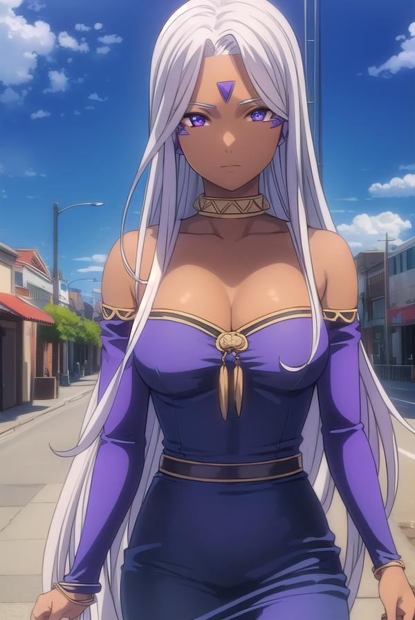 goddessurd, <lora:goddess urd s2-lora-nochekaiser:1>, goddess urd, long hair, (purple eyes:1.1), white hair, dark skin, dark-skinned female, facial mark, forehead mark,BREAK cleavage, bare shoulders, jewelry, choker, off shoulder, bracelet, dress, purple dress,BREAK outdoor, city, sky, sun, clouds,BREAK looking at viewer, (cowboy shot:1.5),BREAK <lyco:GoodHands-beta2:1>, (masterpiece:1.2), best quality, high resolution, unity 8k wallpaper, (illustration:0.8), (beautiful detailed eyes:1.6), extremely detailed face, perfect lighting, extremely detailed CG, (perfect hands, perfect anatomy),