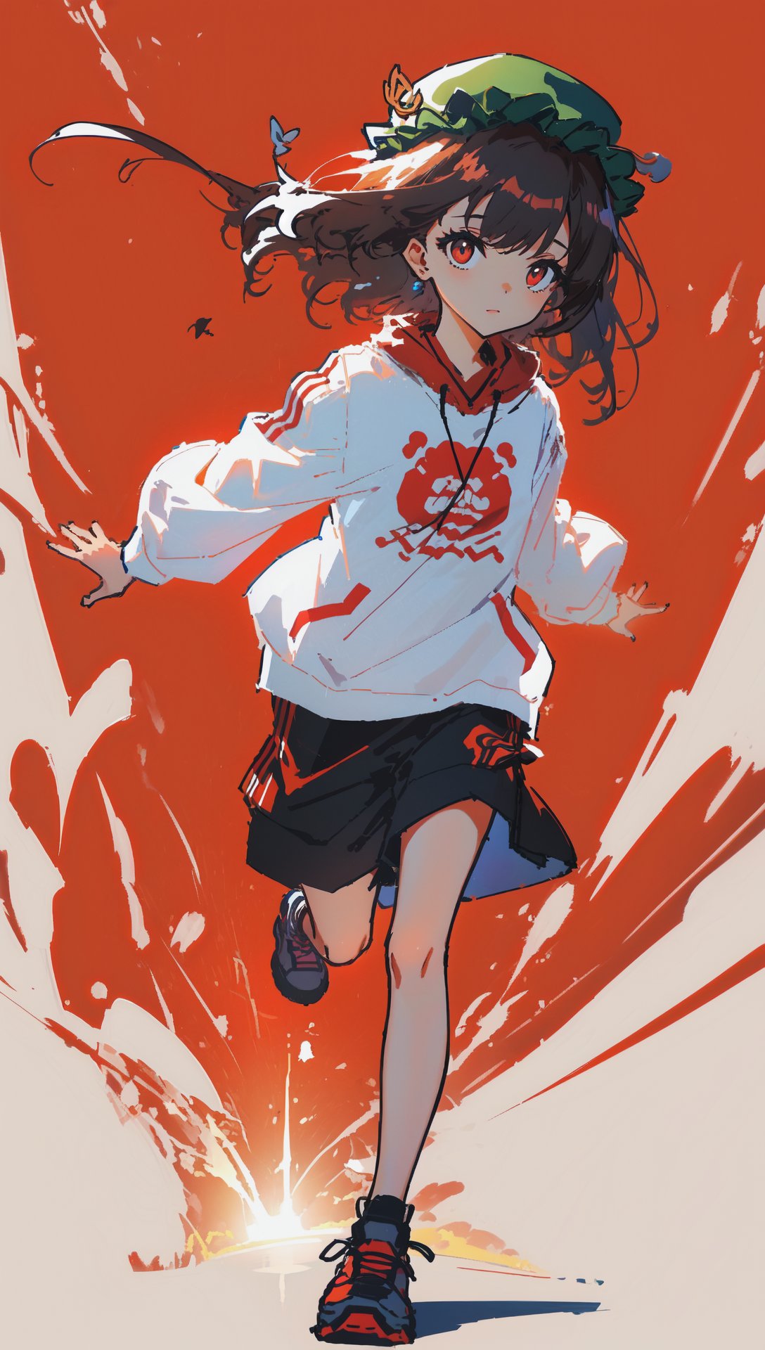 sle, masterpiece, detailed background, (mksks style:0.9), sketch1girl, (chen:1.2), empty eyes, full body, running, cute, looking at viewer, [red background|dark background]