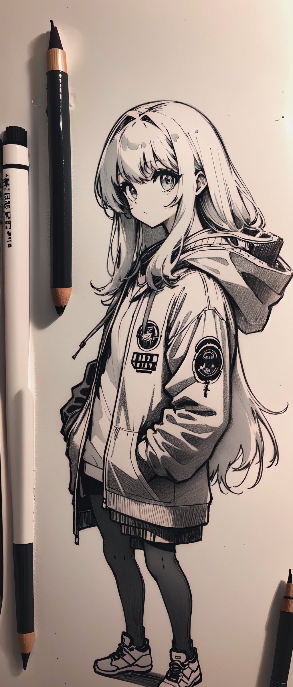 sle, masterpiece, detailed background, mksks style, monochrome, (drawing, paper, graphite \(medium\), traditional media:1.2), sketch, BREAK 1girl, solo, cute, full body, white shiny hair, long flowing hair, cyberpunk hoodie, white background,