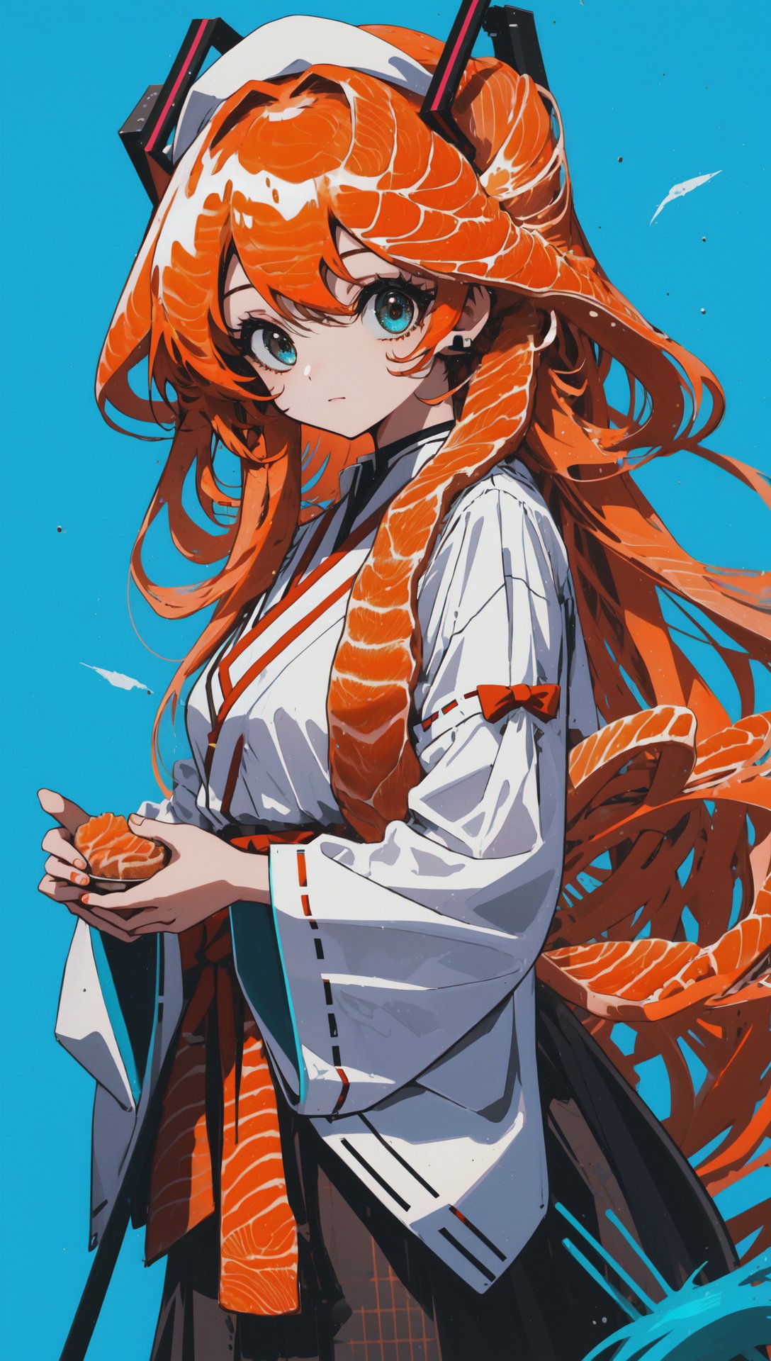 (sashimihair:1.2), hair_as_food, salmon meat hair, 1girl, hatsune miku, miko, (orange hair:1.2), long puffy hair, cute, looking at viewer, [blue background|dark background] <lora:sashimiHairStyle:1.2>