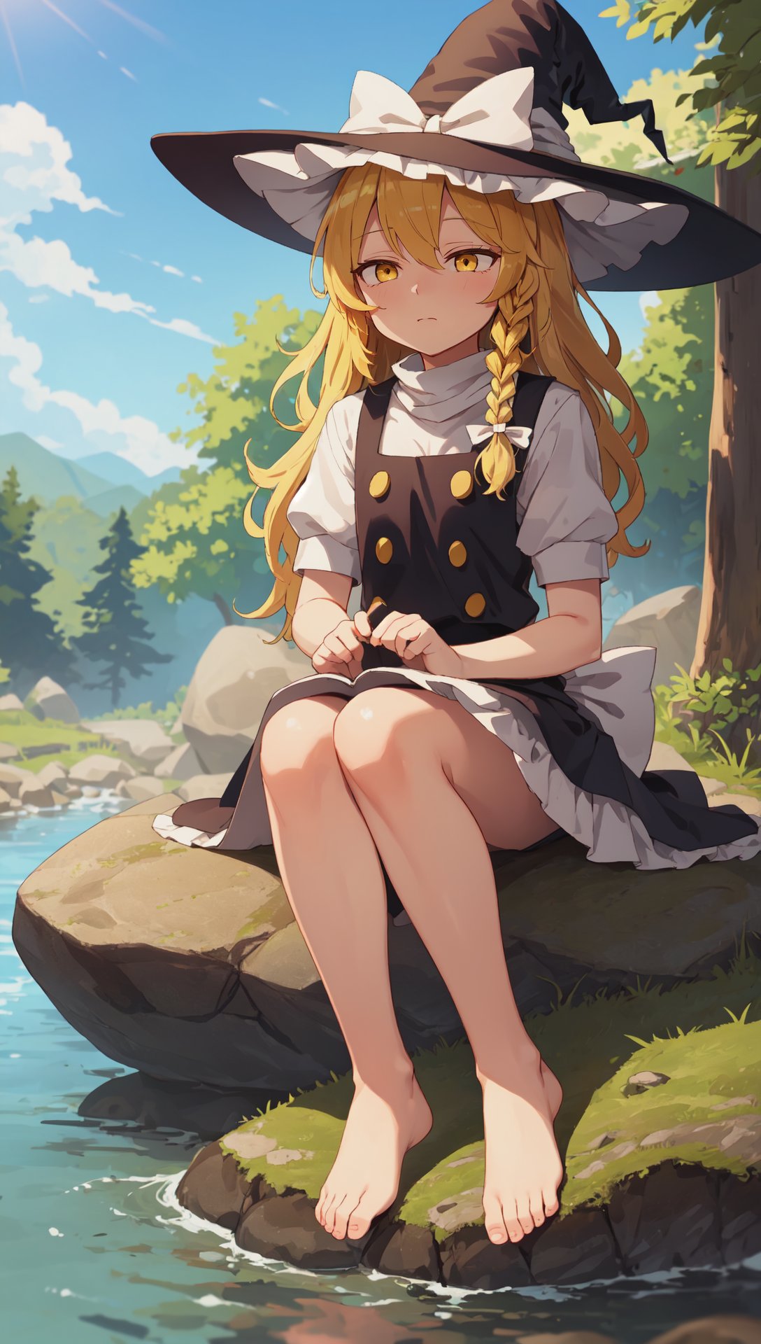 kirisame marisa, blonde hair,  witch hat, yellow eyes, side braid, superb, looking up, half-closed eyes, relaxed, sitting on a rock beside a stream, barefoot, shoes removed, nature, outdoors