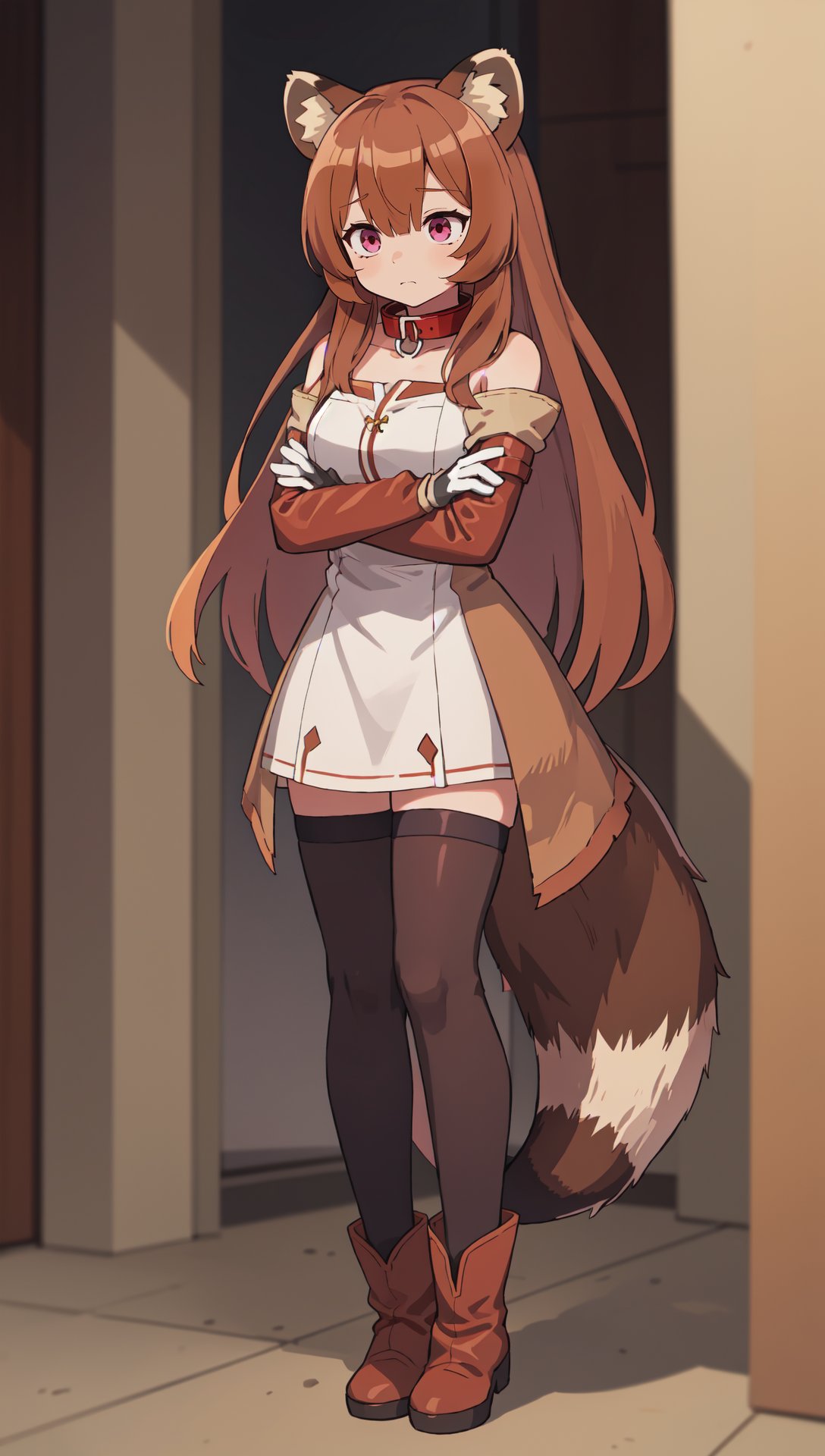 raphtalia, bangs, brown hair, hair between eyes, thighhighs, gloves, red eyes, purple eyes, blunt bangs, boots, animal ear fluff, raccoon tail, raccoon ears, long hair, sidelocks, collar, dress, long sleeves, mid shot, shy, looking down, standing, crossed ankles, crossed arms