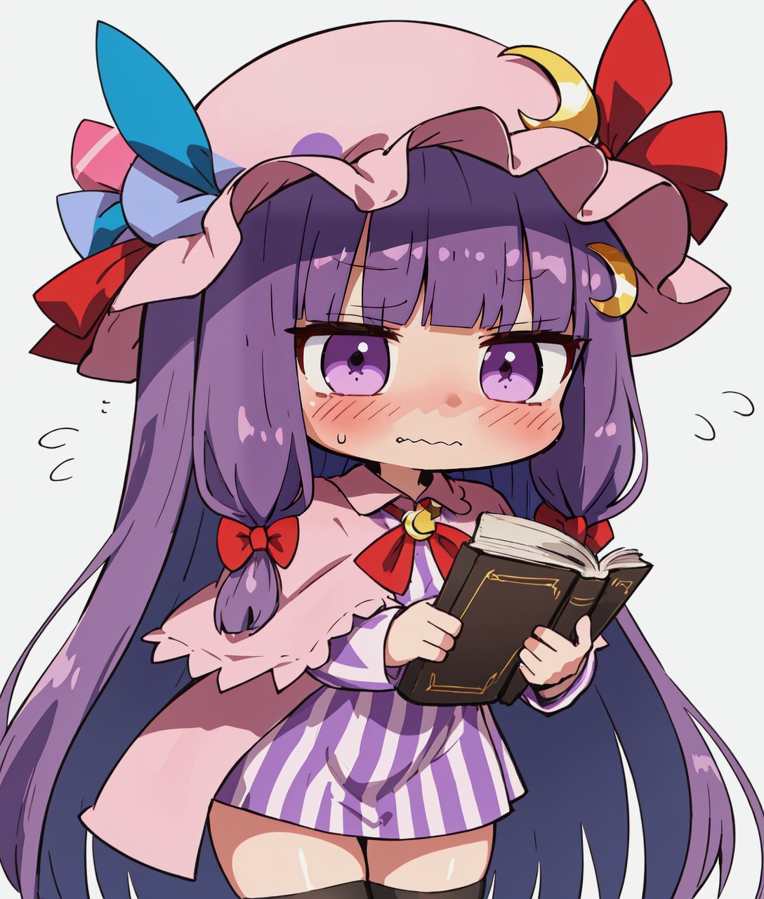 patchouli knowledge, striped dress, red bow, very long hair, crescent hat ornament, large breasts, purple hair, mob cap, long sleeves, book, red ribbon, thighhighs, blue bow, blunt bangs, hair ribbon, hair bow, purple eyes, crescent hair ornament, capelet BREAK, chibi, (blush:1.2), flying sweatdrops, flustered, wavy mouth, white background, simple background, masterpiece, best quality