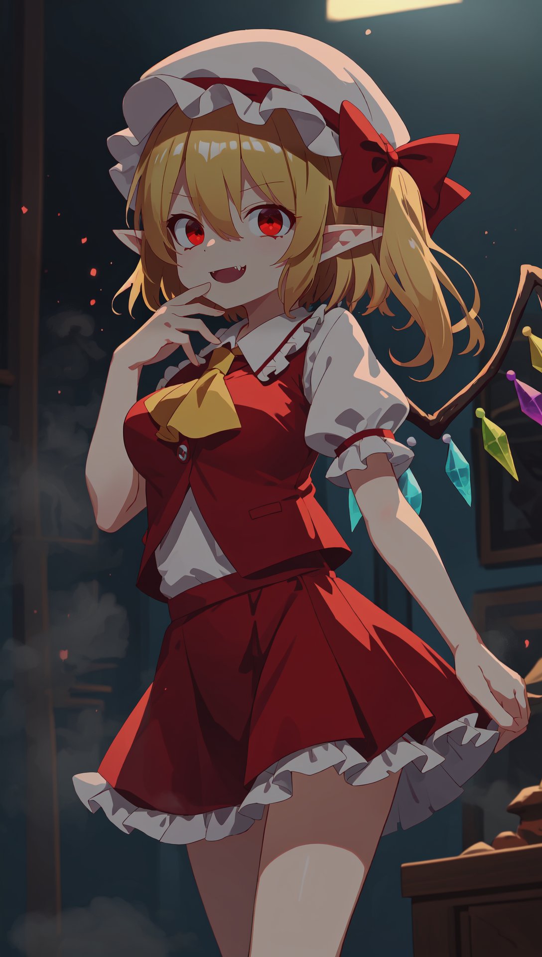 flandre scarlet, ascot, tsurime, blonde hair, puffy short sleeves, pointy ears, mob cap, red ribbon, puffy sleeves, hat ribbon, bangs, wings, white headwear, red vest, skirt set, crystal, hair between eyes, one side up, red eyes, fang, frills, medium breasts, smug BREAK (darkness:1.25), (night:1.2), fog, indoors, unlit, scarlet devil mansion, dust, light particles, spider web, spooky, (horror \(theme\):1.1), masterpiece, best quality <lora:[diffLora] lowexposurenoiseoffset:1.0> 