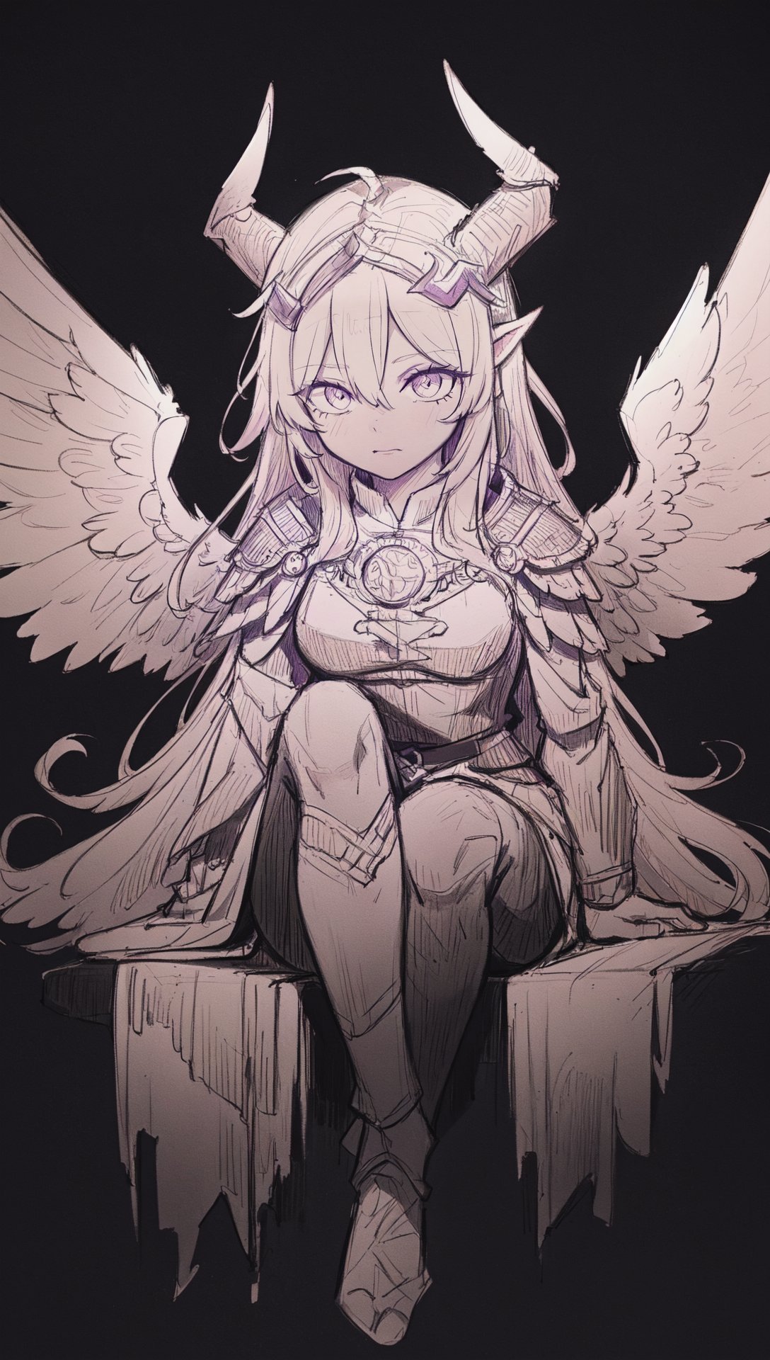 1girl, valkyrie, feathered wings, wearing ornate viking clothes, sitting knees up, horned helmet, (darkness, dark background:1.3), fur trim, feathers floating around her in a magical vortex, night, fantasy setting, dnd, d&d, beautiful 8k wallpaper, superb, extremely detailed, intricate, [monochrome::0.6] sketch, graphite \(medium\) <lora:Drawing1:0.7> 