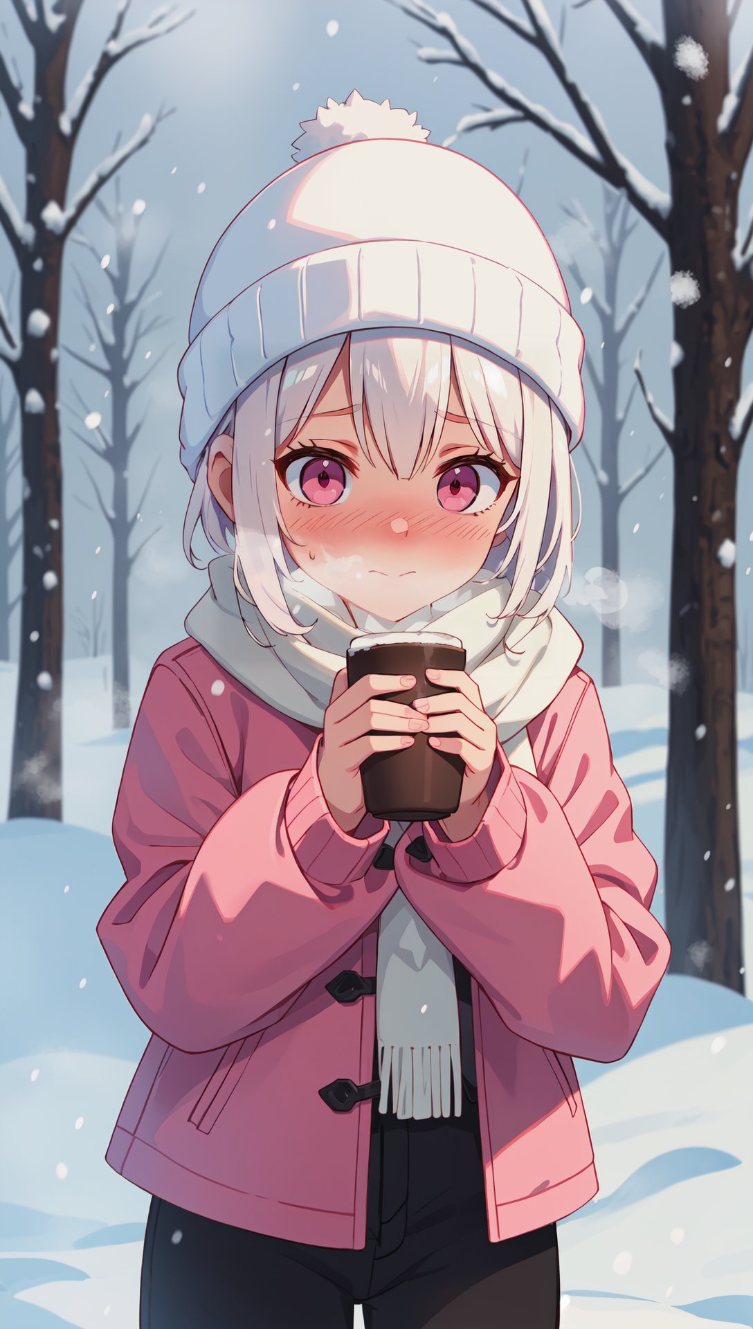 1girl, white hair, short hair with long locks, pink eyes, pink jacket, black pants, white beanie, white scarf, cold, breath, nose blush, outdoors, snow, holding steaming hot cocoa, snowing, nature, snow covered tree, masterpiece, best quality