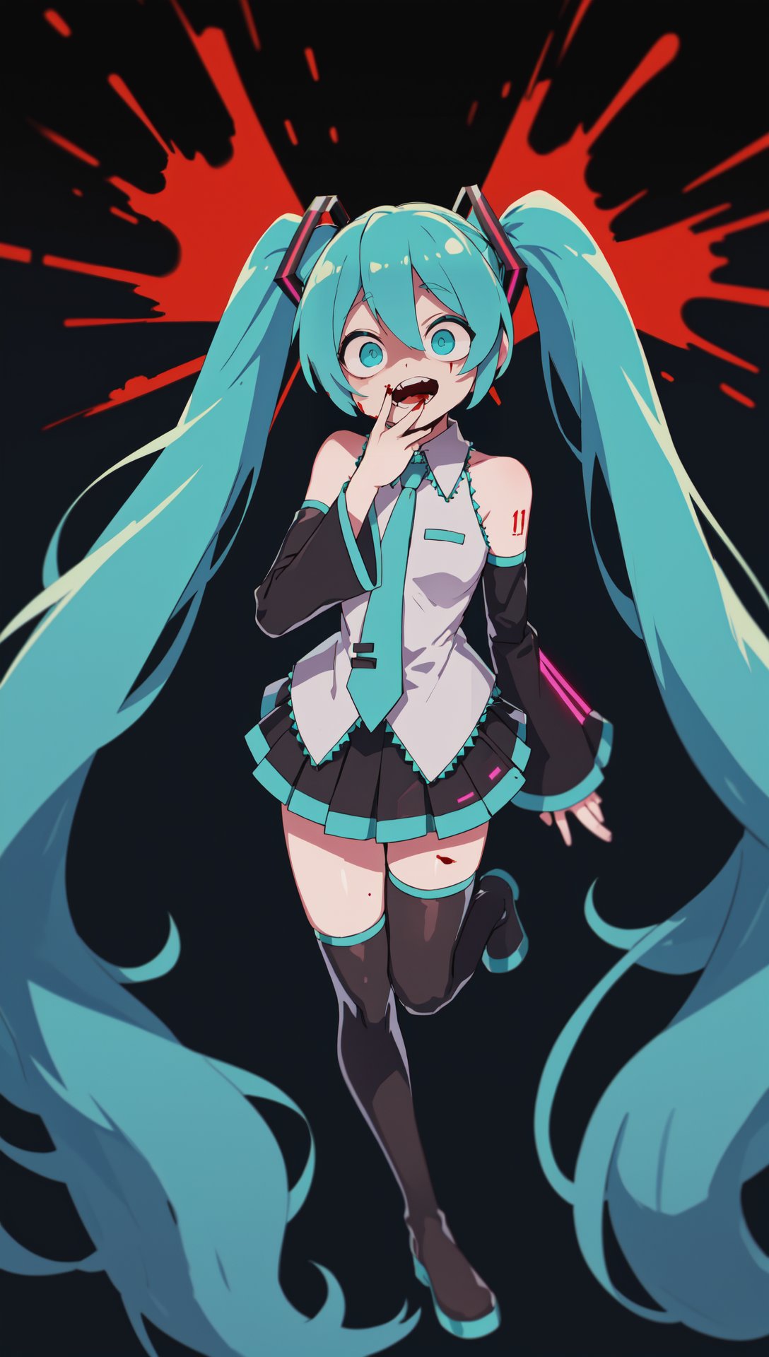 hatsune miku, twintails, aqua hair, aqua eyes, tsurime, floating hair, full body, yameroyandere, crazy eyes, constricted pupils, yandere, (shaded face:1.1), hand to own mouth, bare shoulders, detached sleeves, blood splatter, black background, darkness, night <lora:yameroyandere-v2:0.3>