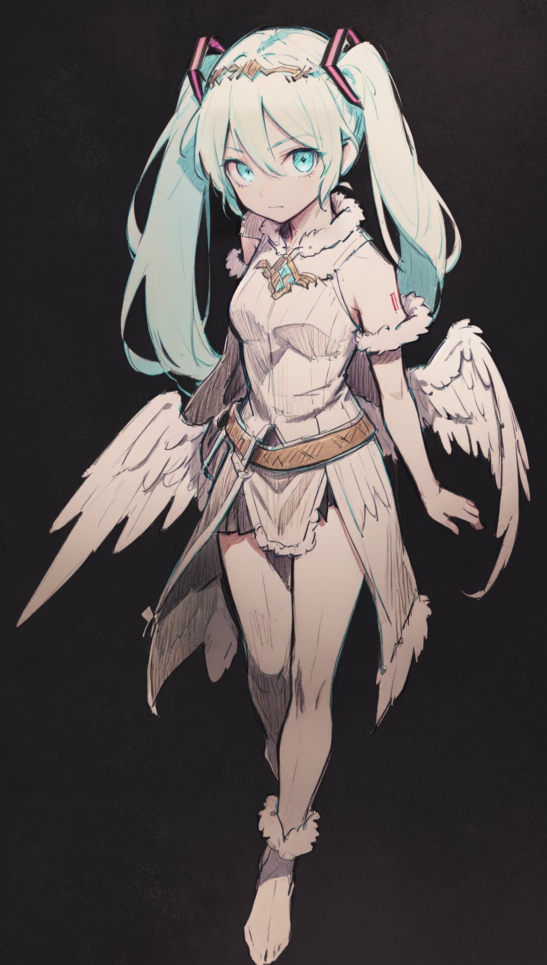 hatsune miku, twintails, aqua eyes, valkyrie, feathered wings, viking clothes, circlet, (darkness, dark background:1.3), fur trim, night, fantasy setting, dnd, d&d, full body, [monochrome::0.6] sketch, graphite \(medium\) <lora:Drawing1:0.7>