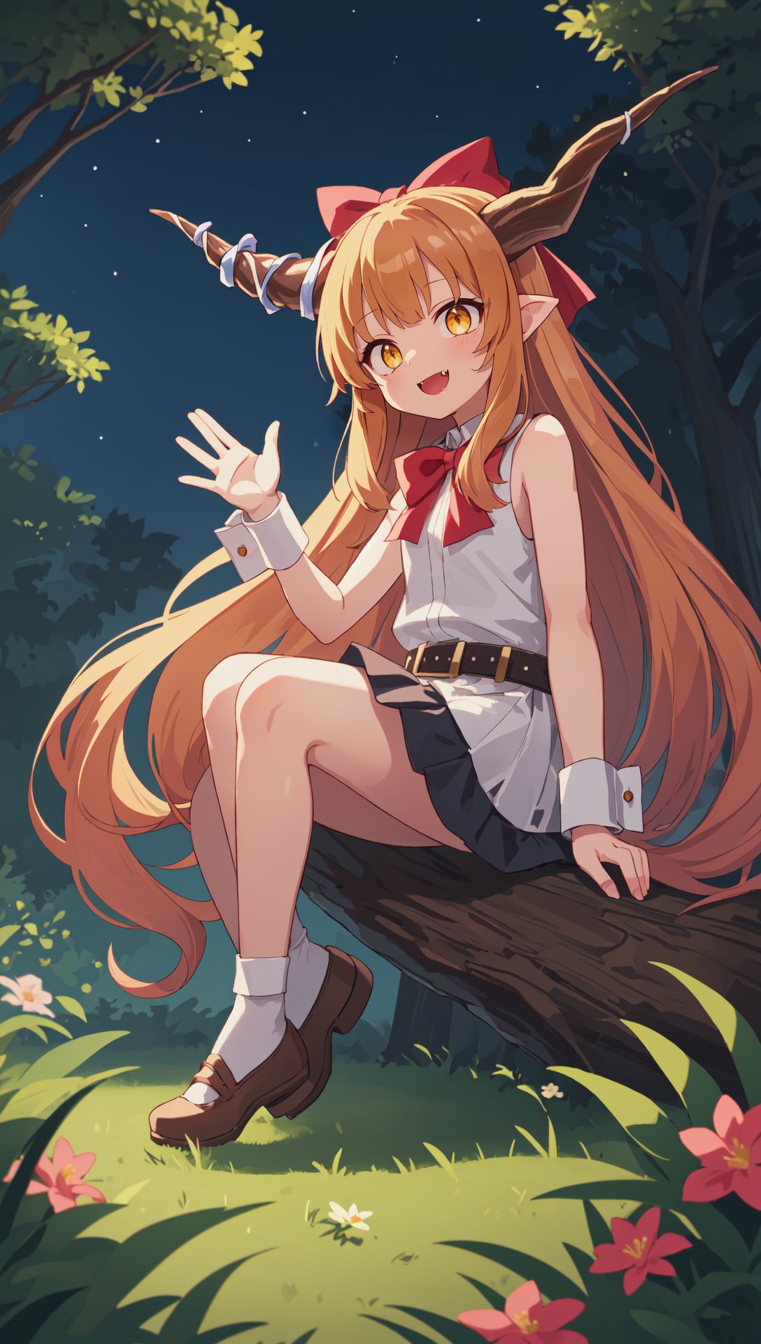 ibuki suika, waving, belt, horns, wrist cuffs, white shirt, horn ornament, horn ribbon, fang, hair bow, bangs, red bow, very long hair, yellow eyes, low-tied long hair, sleeveless shirt, sitting, full body, mid shot, BREAK outdoors, tree, bush, flower, nature, night, darkness, masterpiece, best quality