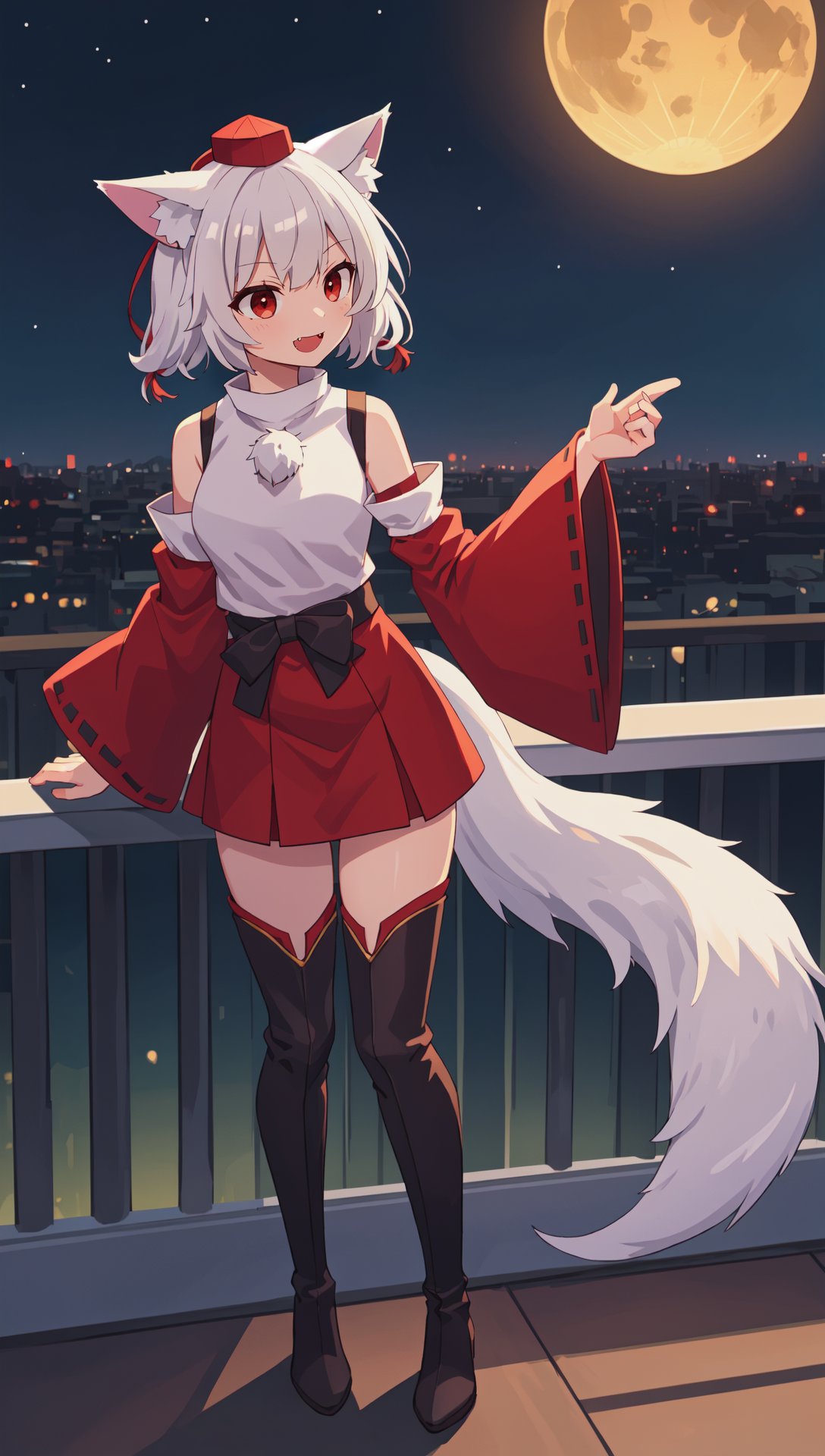 inubashiri momiji, tokin hat, grey hair, fang, short hair, thighhighs, white shirt, red eyes, animal ears, white hair, ribbon trim, wolf tail, wolf ears, long sleeves, wide sleeves, detached sleeves, bare shoulders, bangs, sky, standing on balcony overlooking city, leaning on rail, thigh boots, twintails, night darkness, night sky, masterpiece, best quality