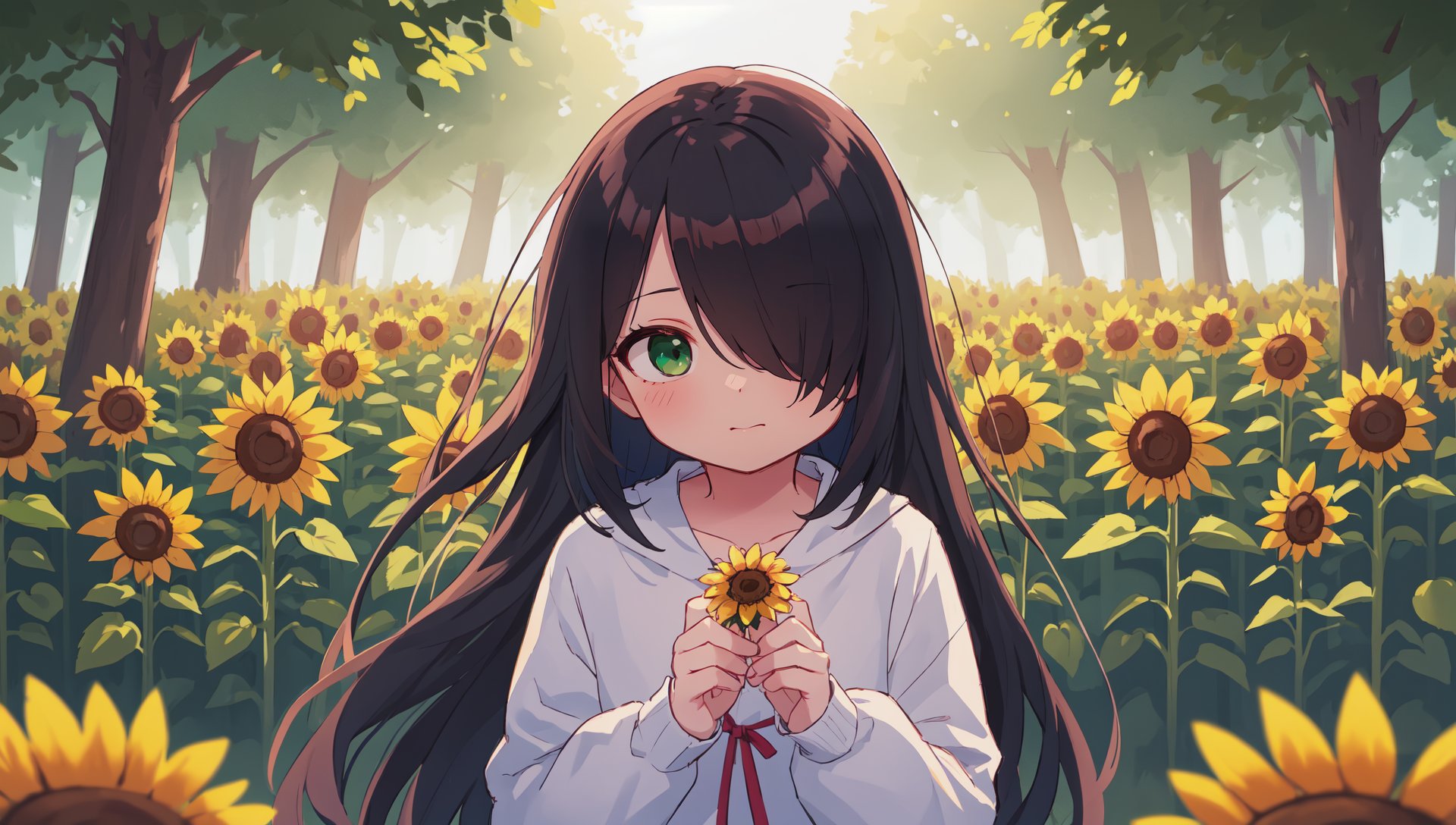 sle, masterpiece, detailed background, (mksks style:0.9), sketch,1girl, solo, cute, black hair, very long hair, hair over one eye, green eyes, long sleeves,BREAK outdoors, forest, field of sunflower