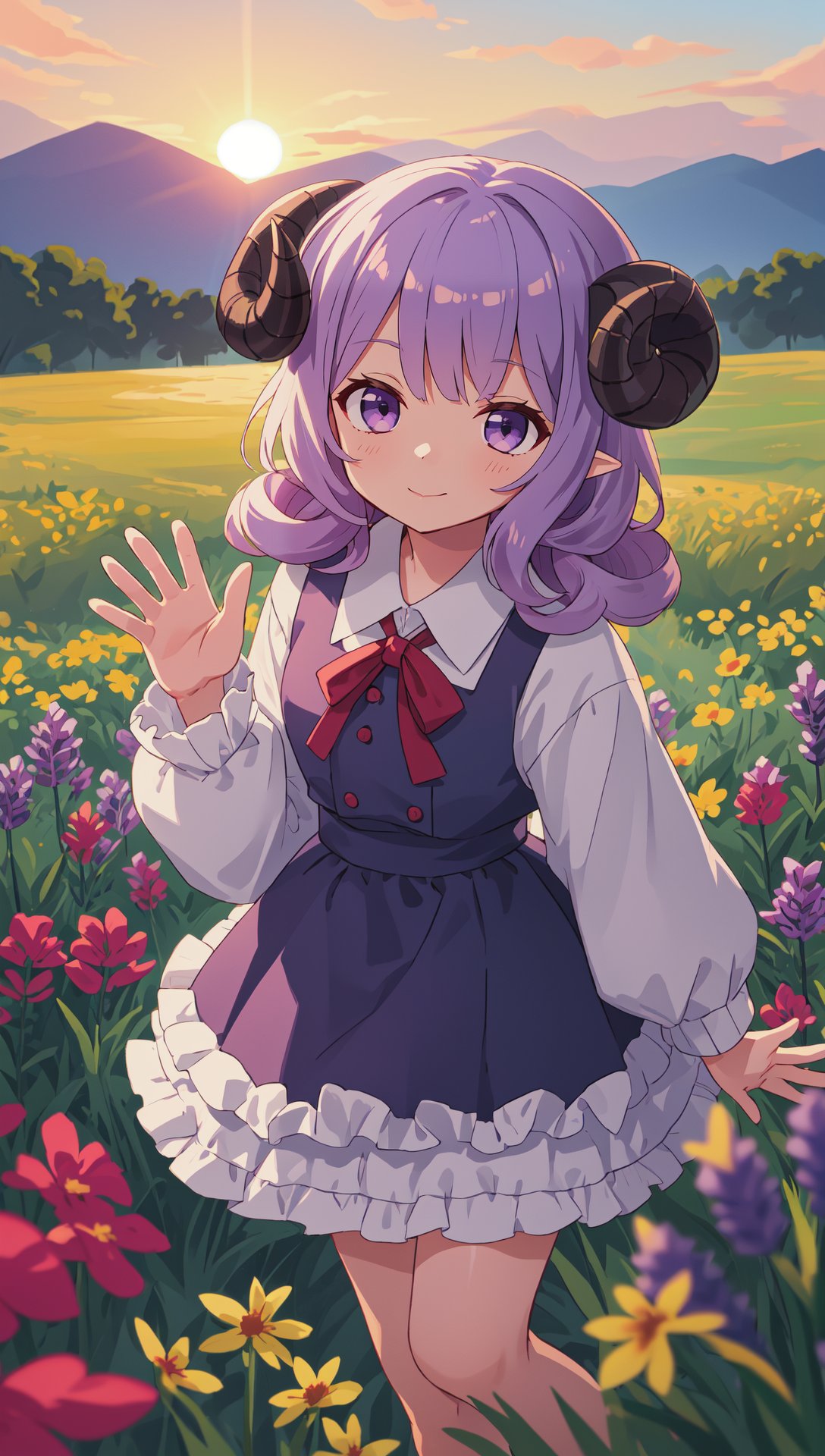 1girl, sheepgirl, lavender hair, sheep horns, hair ribbon skirt set, frills, curly hair, curled horns, waving, wool trimmed, fluffy BREAK outdoors, in a field of wildflowers nature, at sunset BREAK masterpiece, best quality