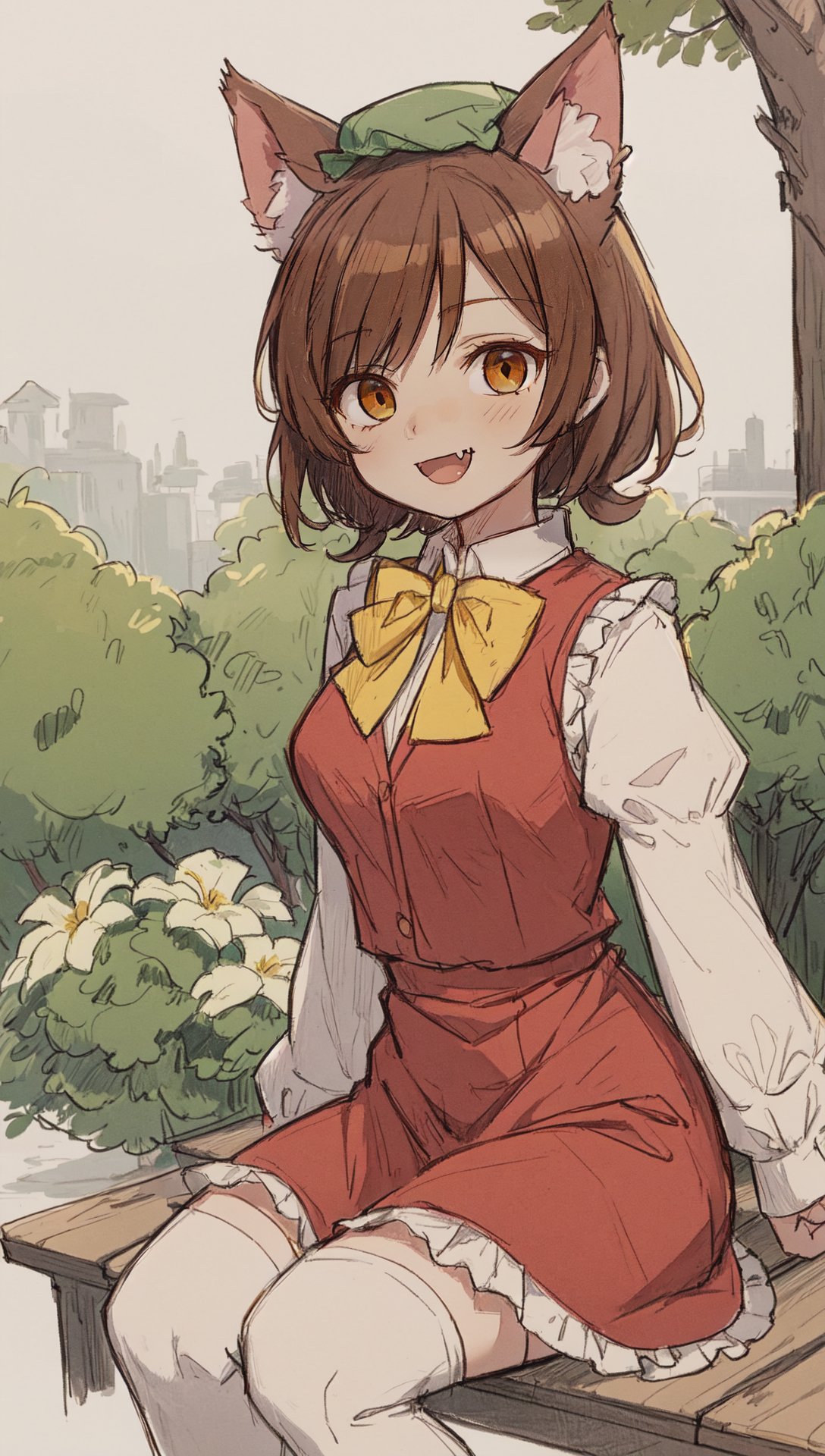 mksks style, detailed background, masterpiece, best quality BREAK chen, cat ears, brown hair, brown eyes, frills, green mob cap, fang, puffy long sleeves, white sleeves, yellow bow tie, red dress, red vest, two tails, sitting on bench, medium breasts, outdoors, nature, tree, bush, flower, rustic, [monochrome::0.6] sketch, graphite \(medium\) <lora:Drawing1:0.7>