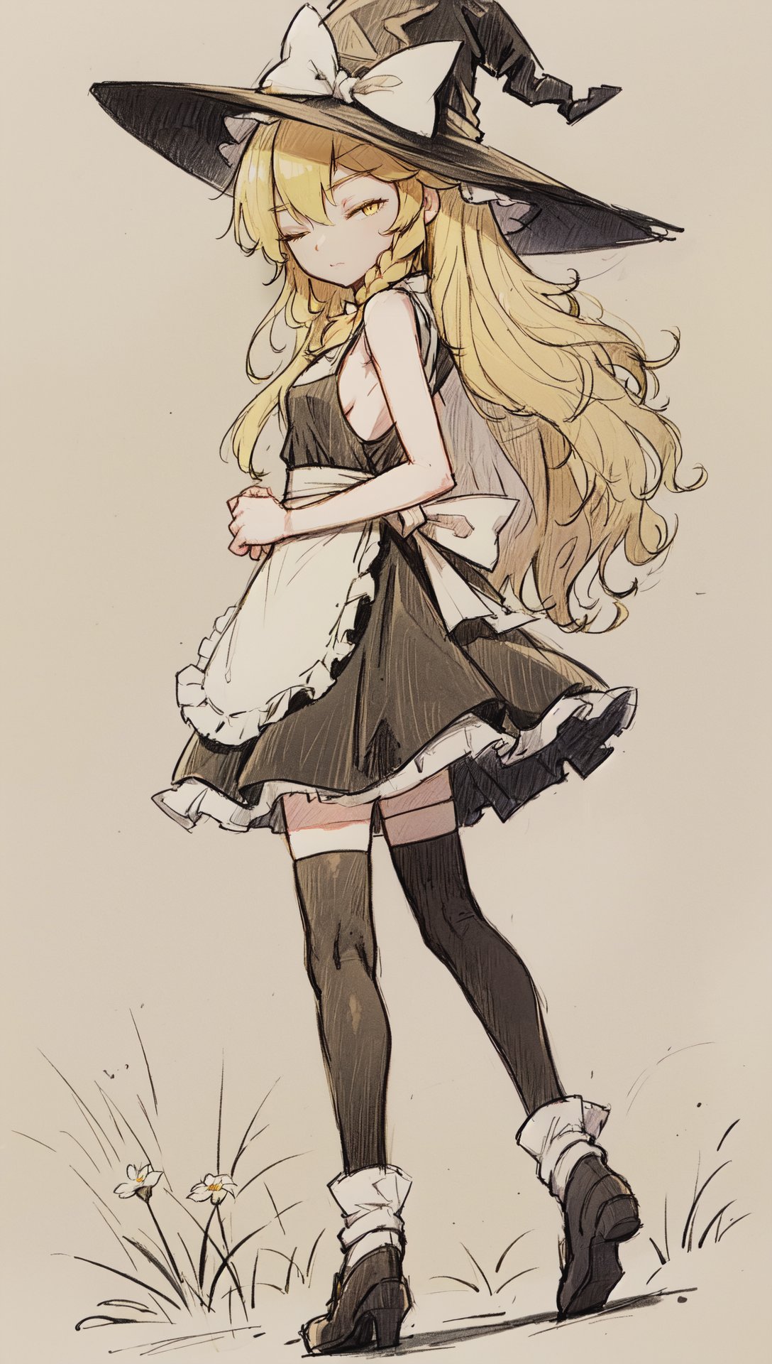 kirisame marisa, blonde hair, yellow eyes, black dress, waist apron, witch hat, frills, hat bow, standing, crossed ankles, from behind, looking back, one eye closed, medium breasts, (outdoors, nature, flower:1.15), thighhighs, full body, [monochrome::0.6] sketch, graphite \(medium\) <lora:Drawing1:0.7>