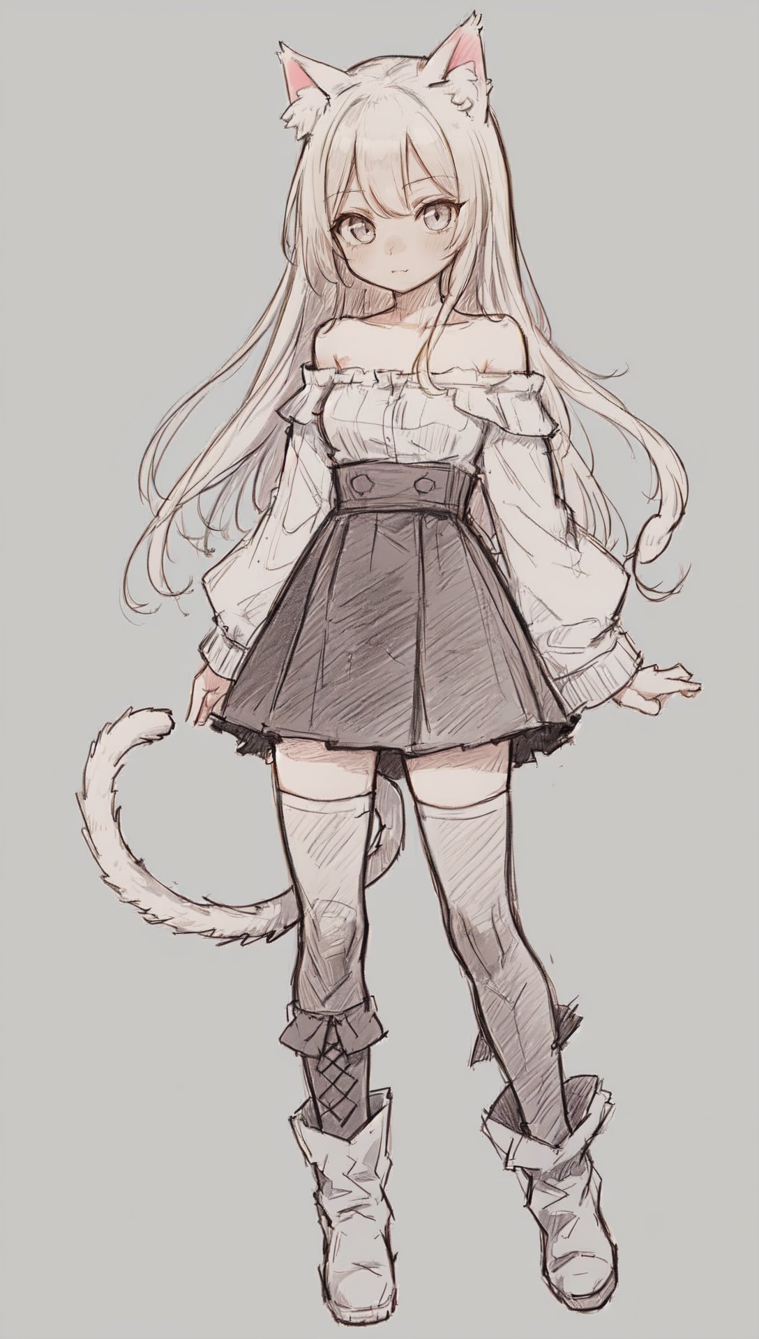 1girl, cat ears, cat tail, long hair, sidelocks, high-waist skirt, thighhighs, ankle boots, medium breasts, off shoulder, cute, simple background, masterpiece, best quality, full body, mid shot, adult, [monochrome::0.6] sketch, graphite \(medium\) <lora:Drawing1:0.7> 