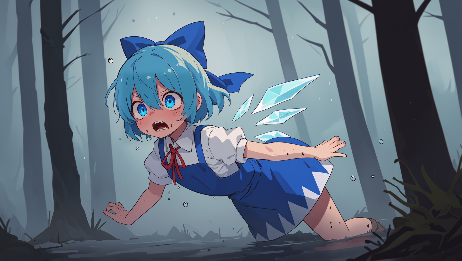 cirno, solo, puffy short sleeves, blue hair, blue bow, hair bow, hair between eyes, blue eyes, neck ribbon, blue dress, ice wings, white shirt, pinafore dress, short hair, red ribbon, muddy, dirty, raining, terrified, scared, horrified BREAK water drop, (darkness:1.2), night, (ghost:1.1), fog, outdoors, forest, pine tree, spooky, horror \(theme\), masterpiece, best quality