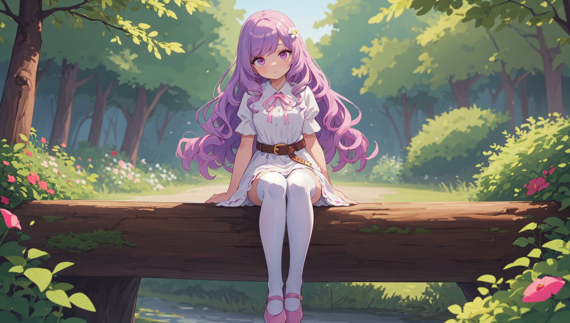 detailed background, superb, 1girl, long hair light purple hair, curly hair, cute, eyelashes, sitting, white dress, pink ribbon, belt, pink flats, white thighhighs, beautiful 8k wallpaper, outdoors, nature, tree, bush, flower, rustic, extremely detailed, intricate