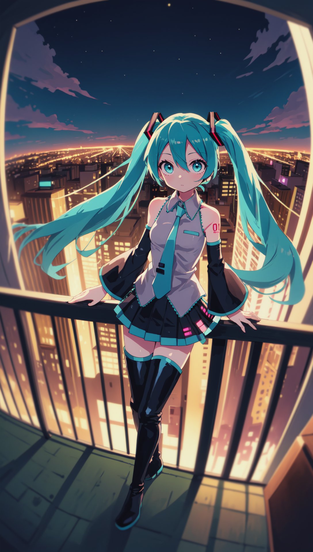 1girl,  hatsune miku, aqua eyes, aqua hair, arm tattoo, bare shoulders, black skirt, black sleeves, boots, cloud, detached sleeves, fisheye, hair ornament, necktie, pleated skirt, skirt, sky, standing on balcony overlooking city, leaning on rail, thigh boots, twintails, night darkness, night sky, masterpiece, best quality <lora:beautifulDetailedEyes_v10:0.6>