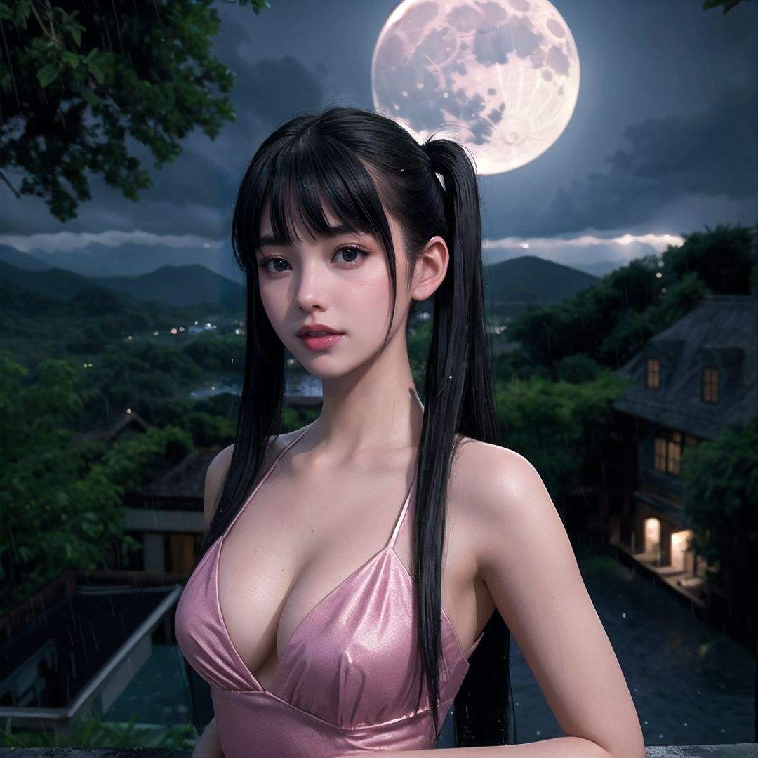 (Just one person), (medium breasts:1.1),Black through the Hole,Unreal light and shadow,1 girl,upper body photo,european castle on the background cliff,magic jungle of fantasy,hanging mountains,((air falls)),1girl,solo,the background is jurassic world,((the bright moon)),terrible flying creatures,((a night of thunderstorms)),epic film lighting,volume lighting,incredibly absurdres,beautiful and stunning girl,pure girl,twintails,black long straight hair,blunt bangs,pink evening dress,cleavage,((rainy night)),