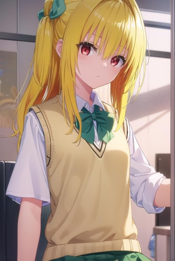 toloveruyami, <lora:yami darkness-lora-nochekaiser:1>, yami, (yellow hair:1.5), long hair, (red eyes:1.5), (hair ornament:1.2), two side up, (small chest:1.2), BREAK school uniform, shirt, white shirt, bow, (green bow:1.5), skirt, (green skirt:1.2), pleated skirt, short skirt, sweater, (light brown sweater vest:1.5), short sleeves,BREAK indoors, classroom,BREAK looking at viewer, (cowboy shot:1.5),BREAK <lyco:GoodHands-beta2:1>, (masterpiece:1.2), best quality, high resolution, unity 8k wallpaper, (illustration:0.8), (beautiful detailed eyes:1.6), extremely detailed face, perfect lighting, extremely detailed CG, (perfect hands, perfect anatomy),