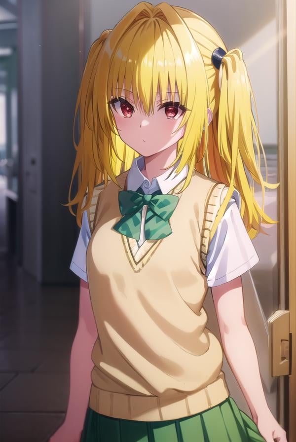 toloveruyami, <lora:yami darkness-lora-nochekaiser:1>, yami, (yellow hair:1.5), long hair, (red eyes:1.5), (hair ornament:1.2), two side up, (small chest:1.2), BREAK school uniform, shirt, white shirt, bow, (green bow:1.5), skirt, (green skirt:1.2), pleated skirt, short skirt, sweater, (light brown sweater vest:1.5), short sleeves,BREAK indoors, classroom,BREAK looking at viewer, (cowboy shot:1.5),BREAK <lyco:GoodHands-beta2:1>, (masterpiece:1.2), best quality, high resolution, unity 8k wallpaper, (illustration:0.8), (beautiful detailed eyes:1.6), extremely detailed face, perfect lighting, extremely detailed CG, (perfect hands, perfect anatomy),